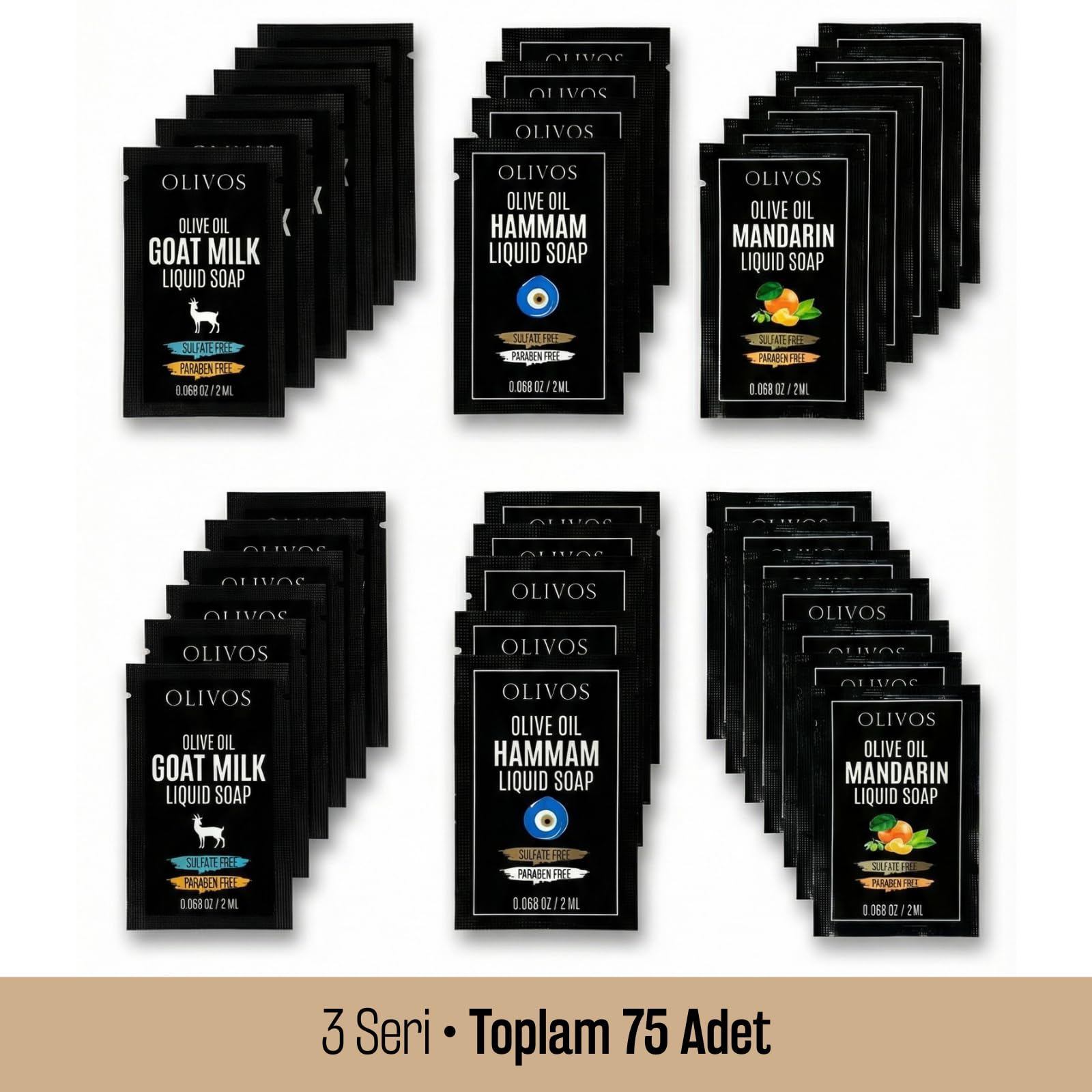 OLIVOS Tek Kullanımlık Zeytinyağlı Sıvı Sabun Seti, 2 ml x 75 Adet, Mandalina Hamam Keçi Sütü Serileri, Okul Seyahat Otel için, Paraben ve Sülfat İçermez, El Temizliği