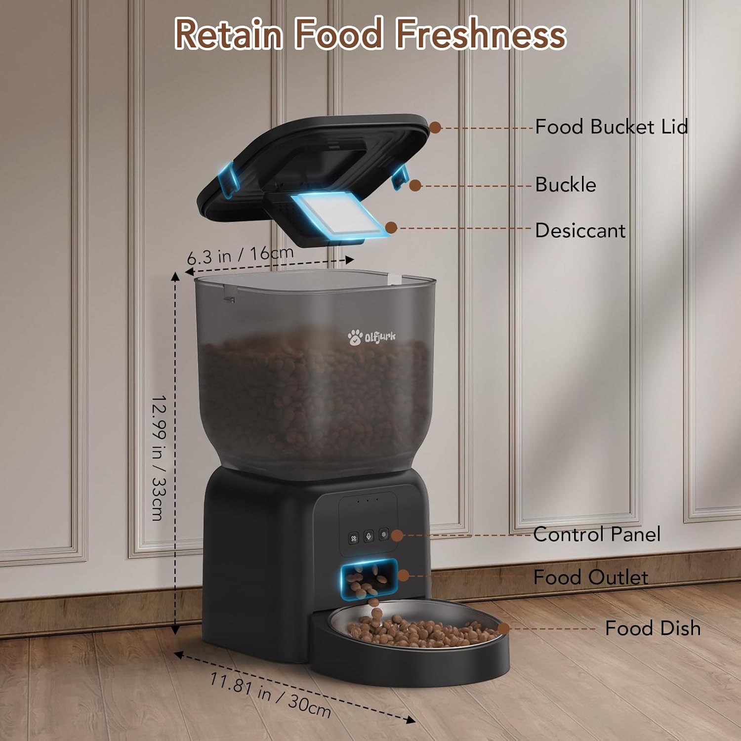 Two Olfjurk Automatic Pet Feeders in a home setting, one connected via power adapter and the other indicating D battery power.