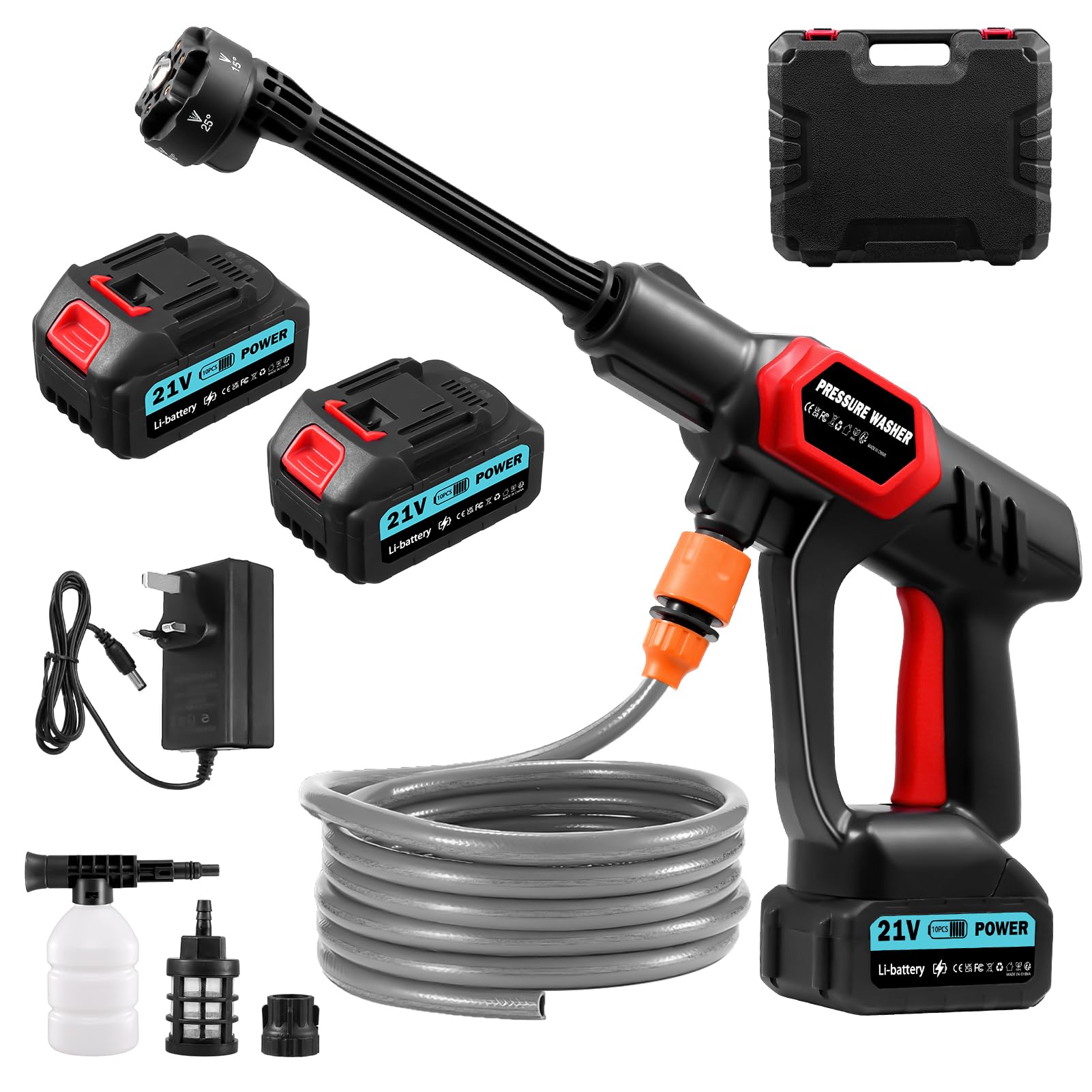 Papasbox 380W Cordless Pressure Washer, 21V Portable Power Washer, 1160 PSI, 6-in-1 Nozzles, 3000mAh x2 Rechargeable Batteries, 16.4FT Hose, Electric Pressure Washers for Car & Garden Floor