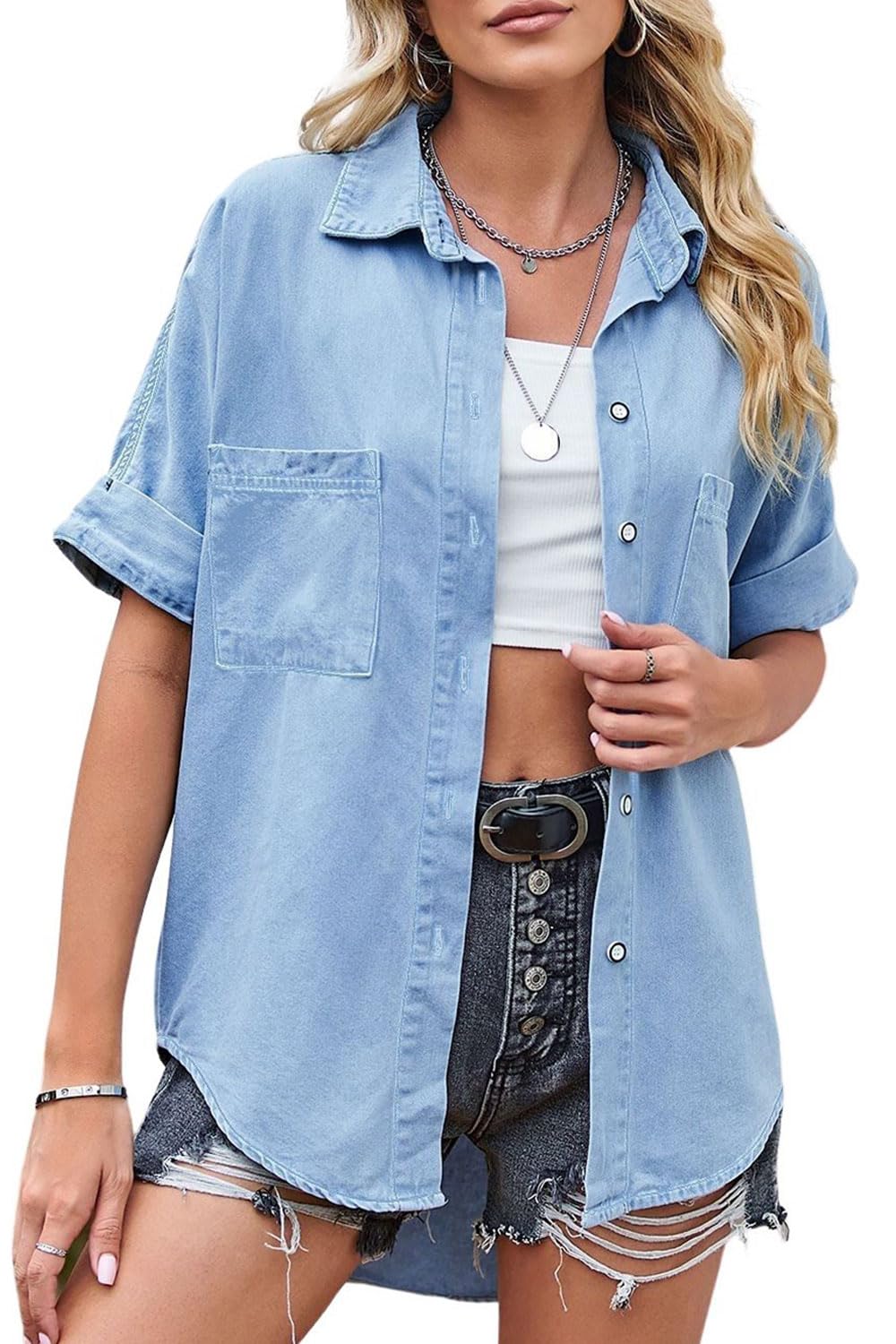 yoeasy Women Short Sleeved Button Down Denim Shirts Casual Pockets V Neck Jean Shirts