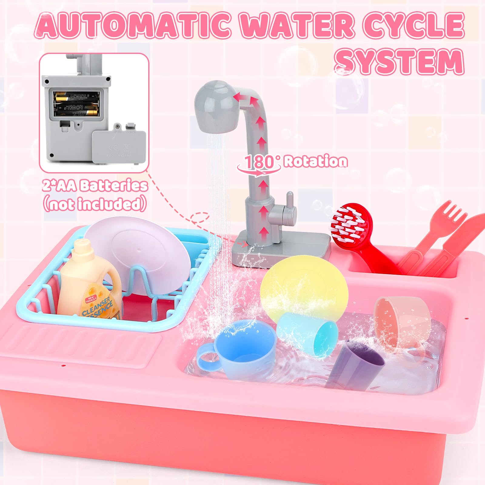 deAO Evier de Cuisine Jeu de Rôles avec Simulateur d’Eau Électrique et Accessoires (Rose)