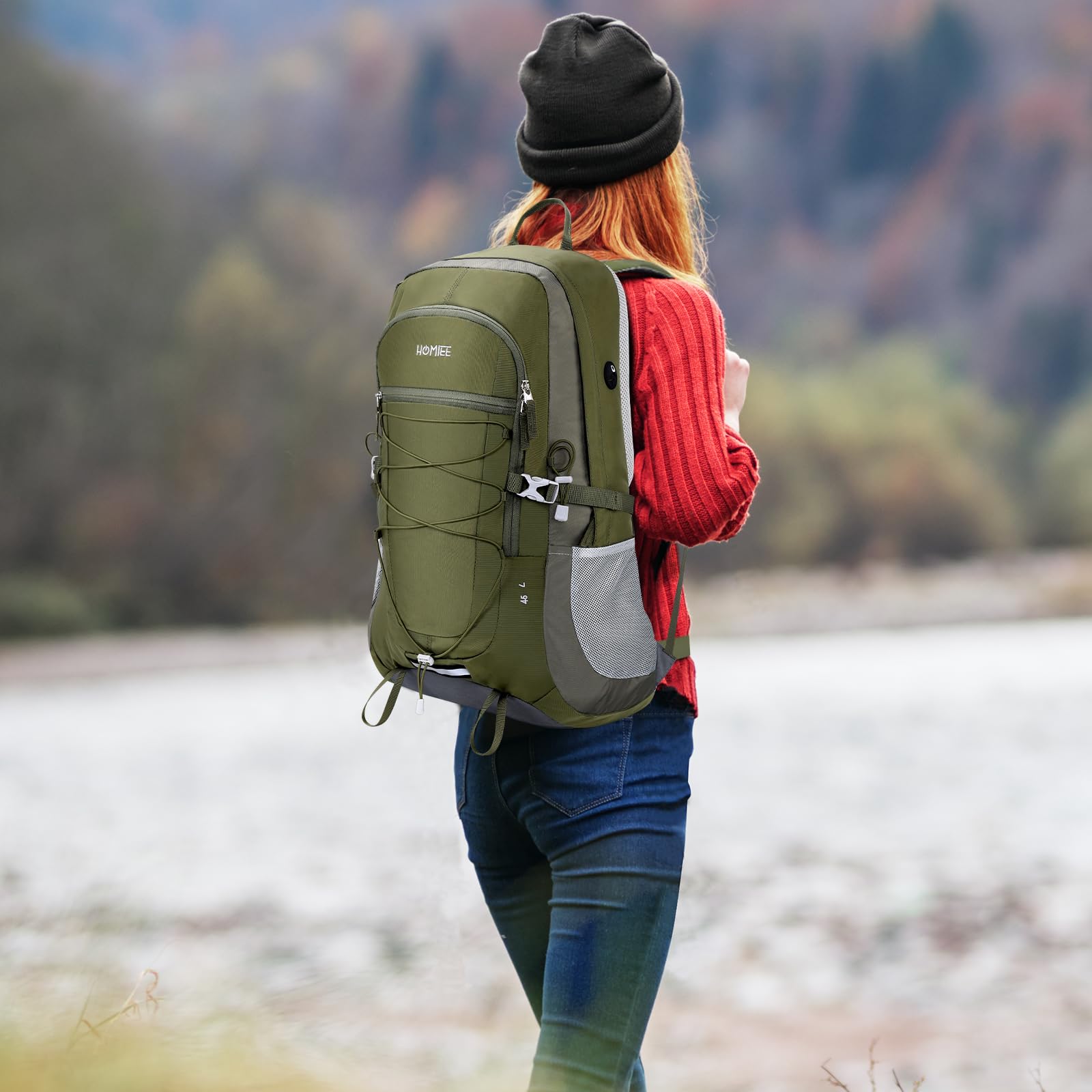 HOMIEE Plecak trekkingowy 45 litrów, wodoodporny, plecak turystyczny do wspinaczki górskiej, wielofunkcyjny plecak kempingowy do jazdy na nartach sportowych, podróżnych, dla kobiet i mężczyzn, Zielony