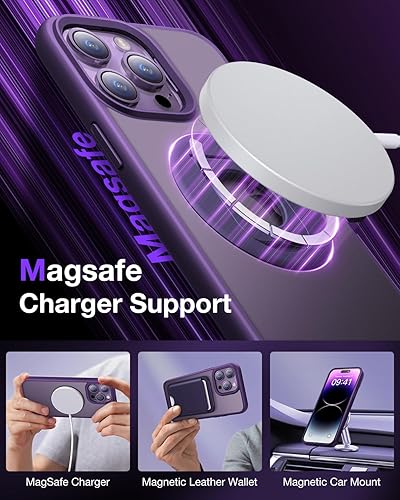 Miniatura 4 de Facbiny Funda magnética diseñada para iPhone 14 Pro, compatible con MagSafe, soporte giratorio de 360, funda translúcida a prueba de golpes, morado