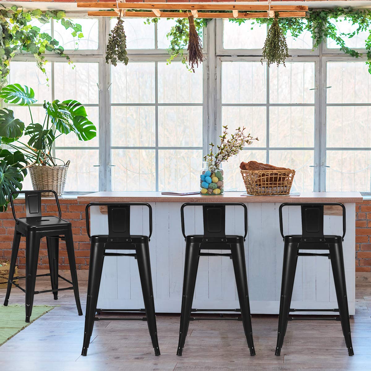 COSTWAY Set di 4 Sgabelli da Bar da 62 cm, Impilabile Sedie da Cucina Alto, in Metallo, con Schienale Rimovibile, Poggiapiedi, Design Industriale (Nero)