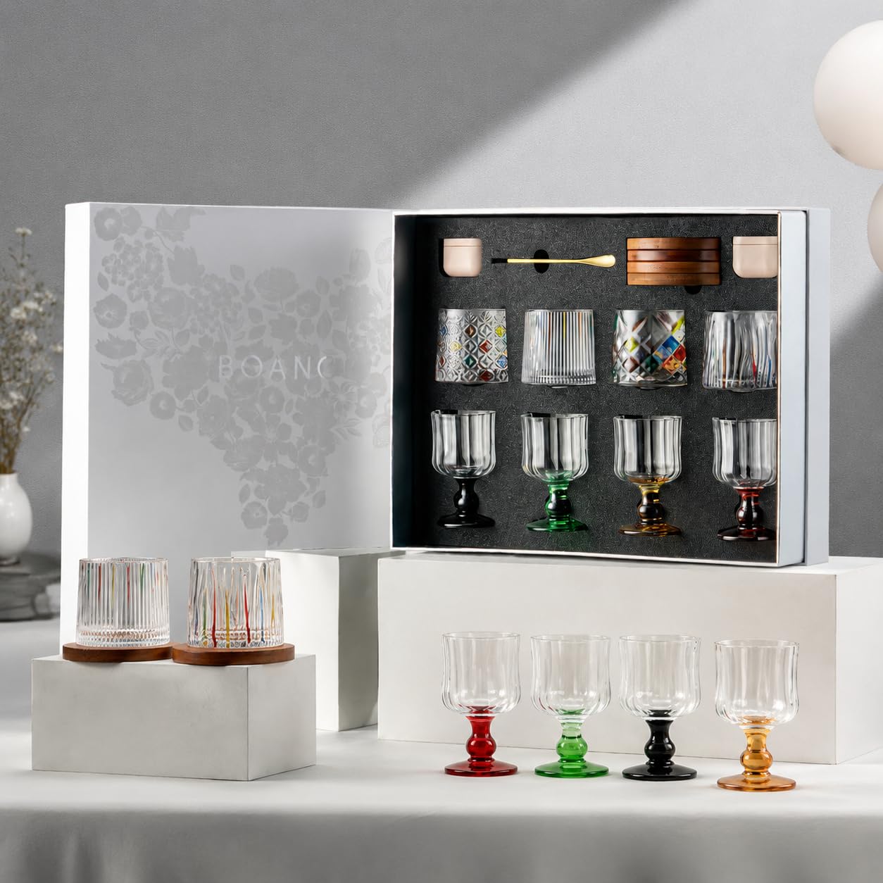predolo Handbemalte Weingläser Set, Farbige Trinkgläser handgemalt, Geschenkbox für Weiß- & Rotwein, für Dinnerparty & gesellige Abende, Klassische helle Farbe