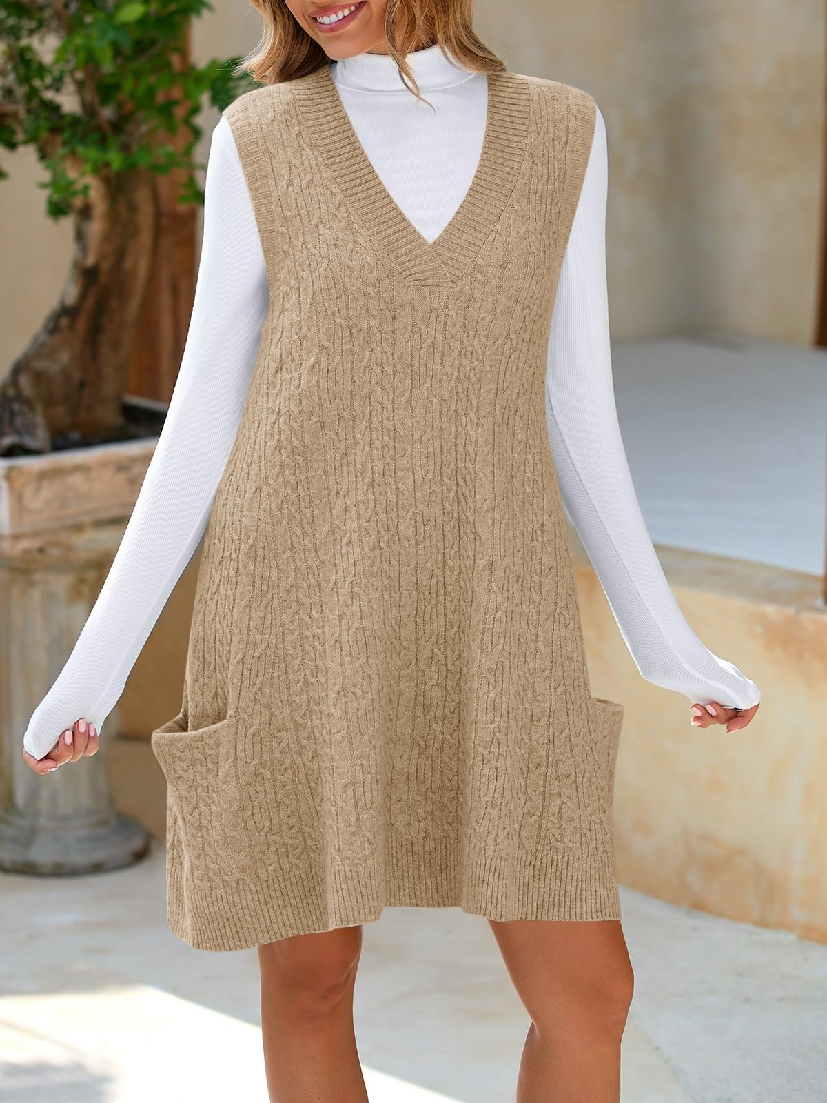 Cicy Bell Mini robe chandail surdimensionnée à col en V sans manches pour femme, tendance, décontractée, en tricot torsadé