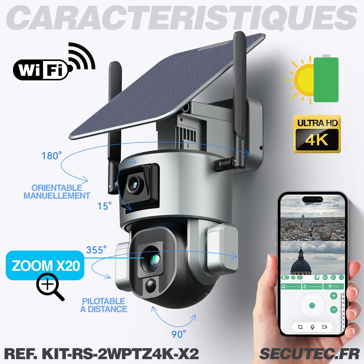 Kit vidéosurveillance Solaire 3G/4G Autonome 4K, caméras WiFi, Zoom X20, détection de Mouvement, Alarme et sirène, microSD 128 Go.