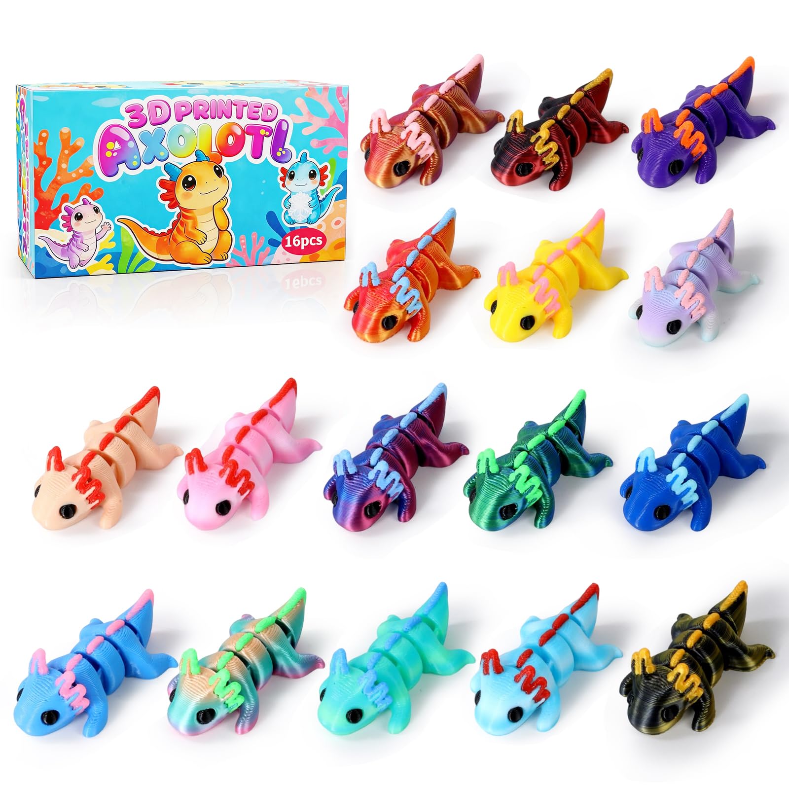16PCS 3D Printed Axolotl Toys, Articulated Flexible Axolotl Fidget Toy Set, Cute Colorful 3D Axolotl Mini Figures, 3D Printed Animal Gift Box for Kids, Party Favors, Classroom Rewards