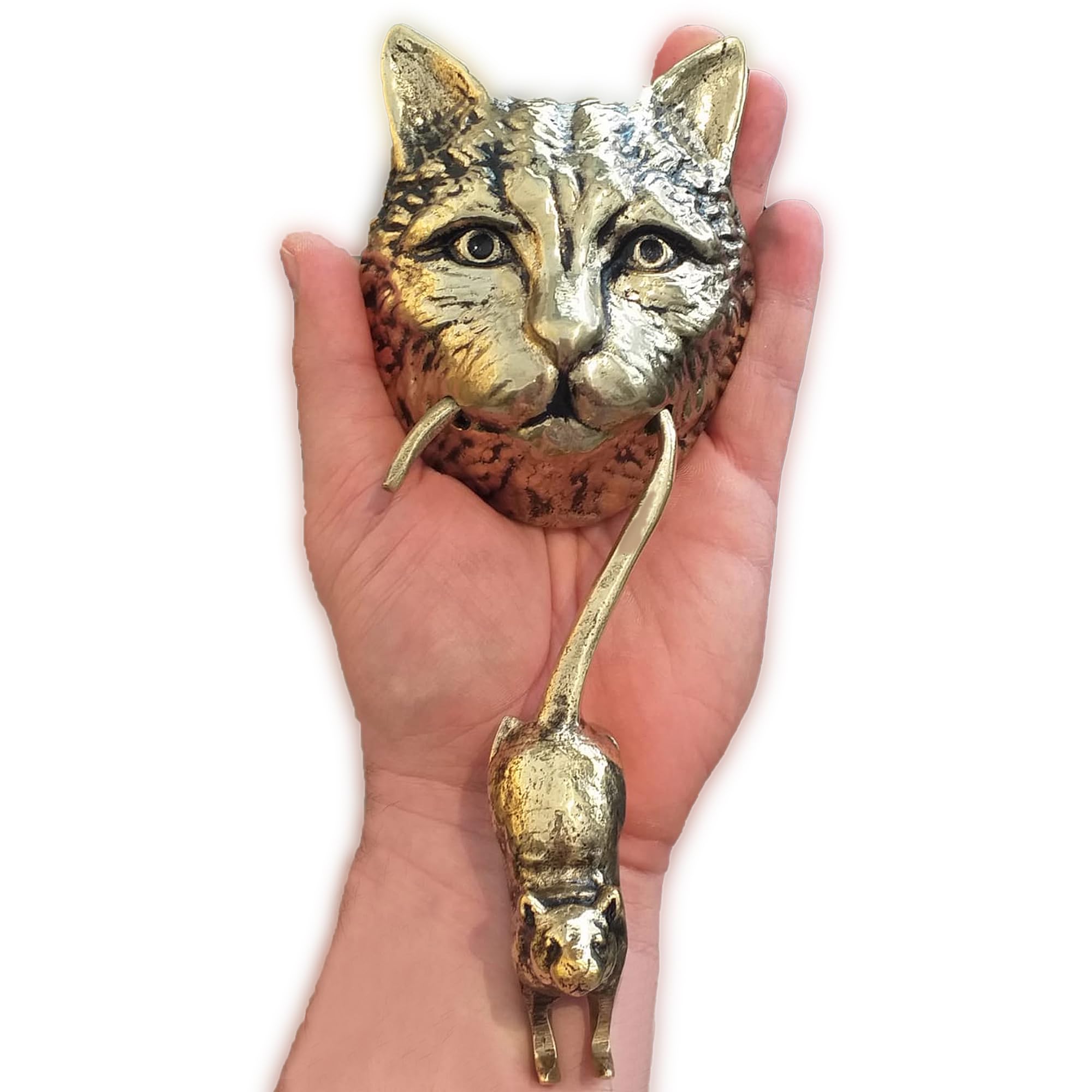 Anatolica Antique Brass Cat And Mouse Door Knocker, Solid Brass, 8.7 Inches, Front Door Ornament (Antique Brass)