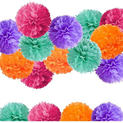 Aimtohome Purple Blue Orange Pink Paper Pom Poms Party Decorations, 12 PCS Tissue Pom Poms for Birthday Party, Family Gathering,Wedding,Boy or Girl Nursery Classroom Decoration