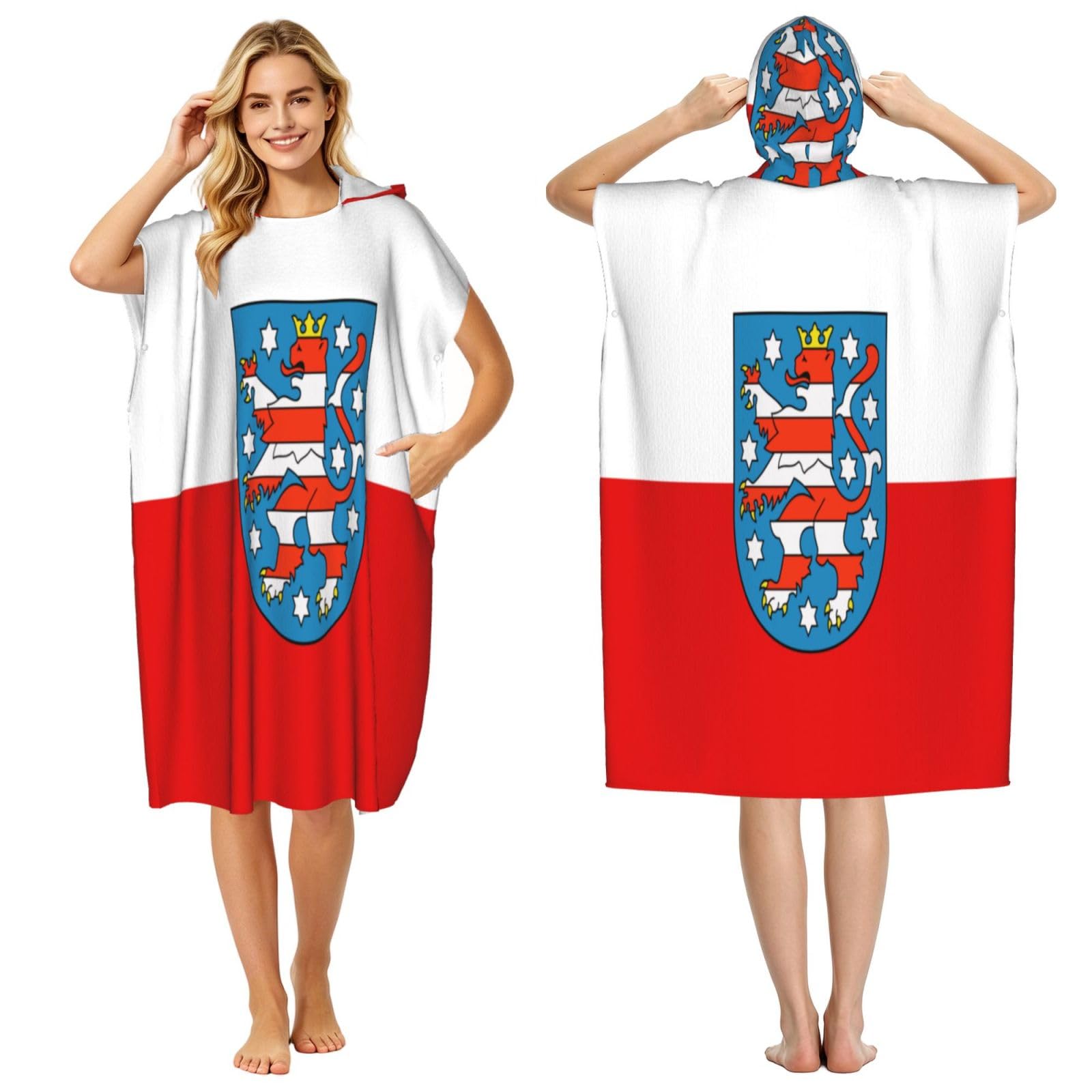 KLGRTJHK Thuringia Flag Adult Hooded Beach Poncho Towel 43"X35"