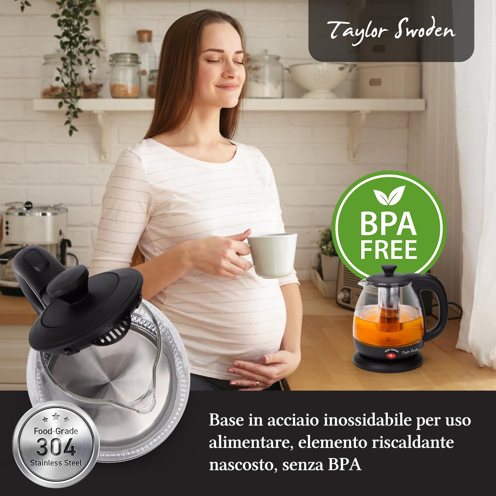 Taylor Swoden Abel - Bollitore Elettrico da 1 Litro, Bollitore in Vetro Borosilicato 2200W, Luce Led, funzione di Mantenimento Caldo, Con Infusore e Filtro Rimovibile, Teiera BPA-Free