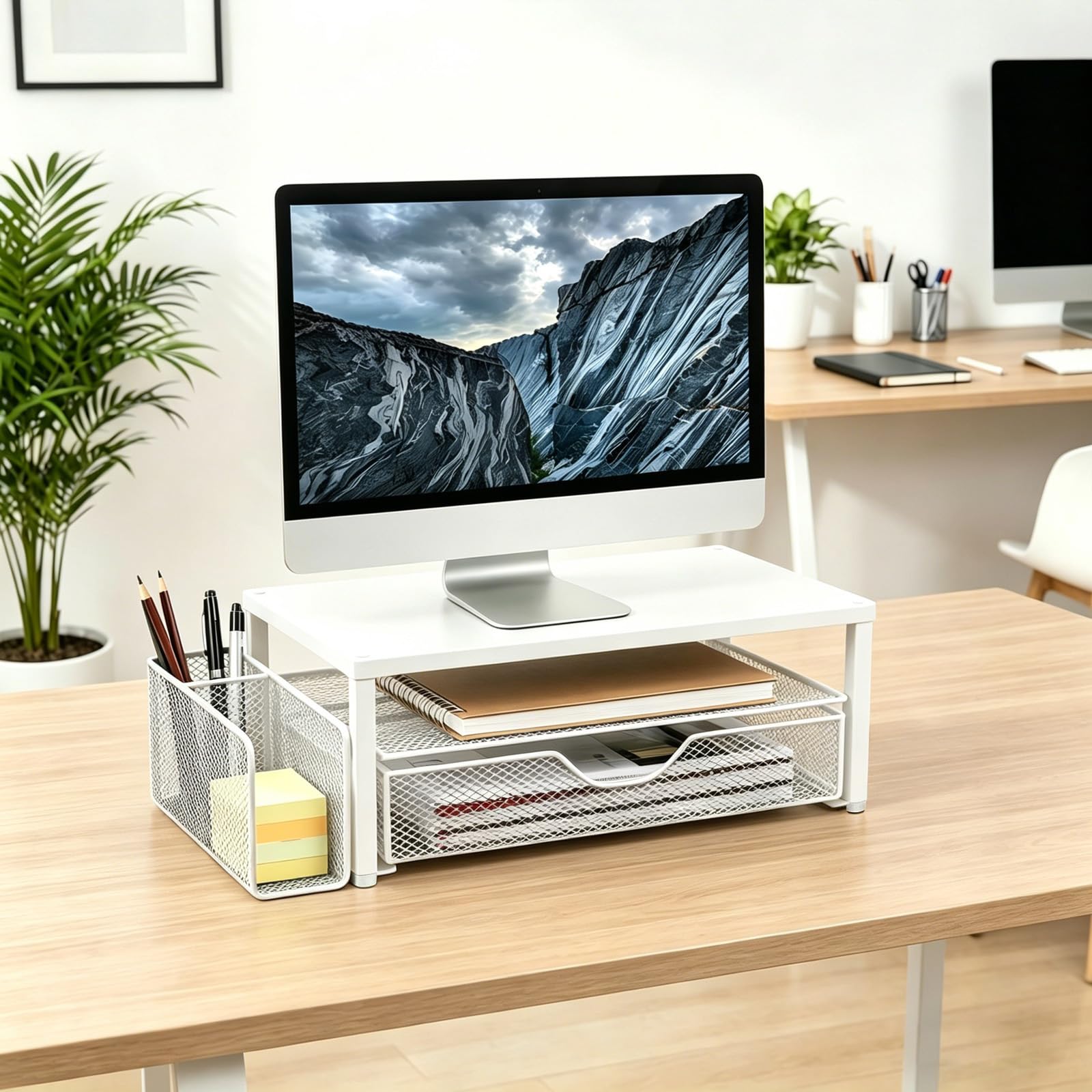 Spacrea Organizer da scrivania e accessori, supporto per monitor del computer con cassetto e 1 portapenne aperto, supporto per stampante e laptop, accessori da scrivania per casa e ufficio (bianco)