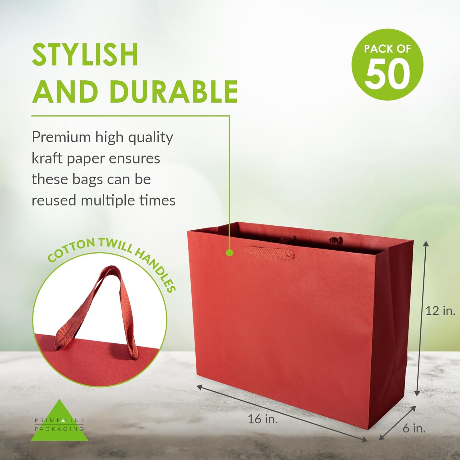 Prime Line Packaging Red Gift Bags, Large Kraft Paper Gift Bags with Handles for Gift Wrap, Birthdays, Weddings, Party Favors, Retail Shopping, Merchandise, Bulk, 16x6x12, 50 Pack