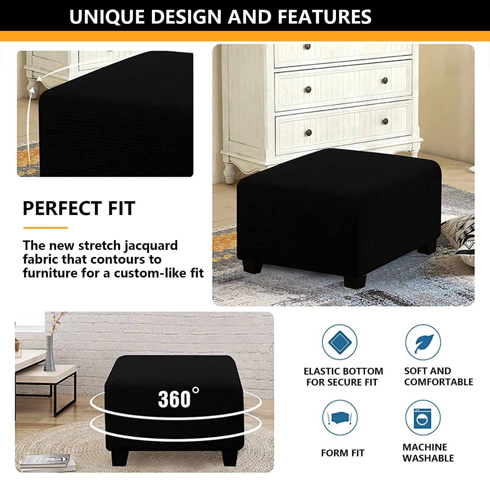 Housse De Pouf Carré Gris Foncé Uavchy - Housse Repose-Pieds Anti-Dérapante Élastique