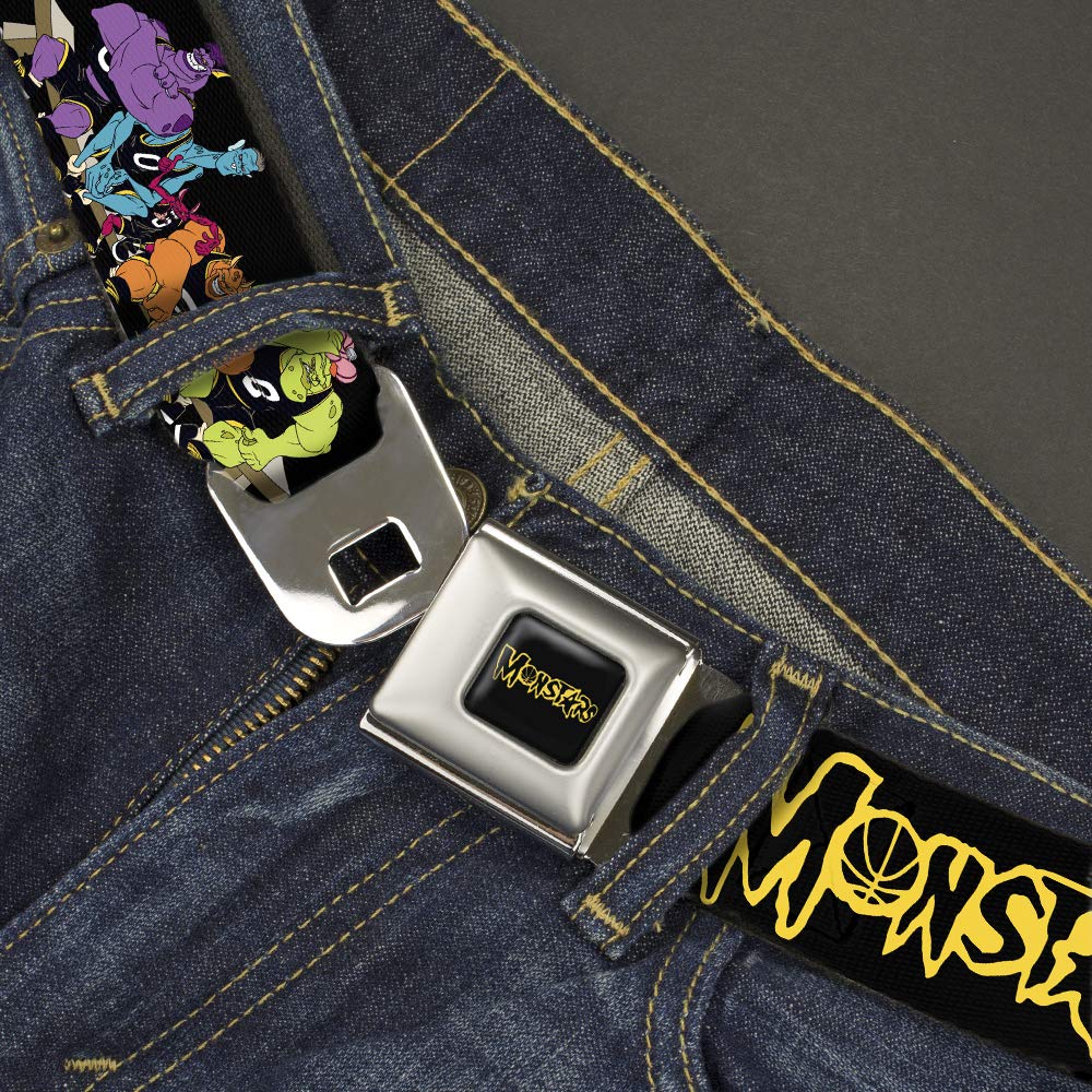 Looney Tunes Belt, Seatbelt Buckle Belt, Space Jam Monstars Logo Character Group Pose Black Yellow, 32 to 52 Inches