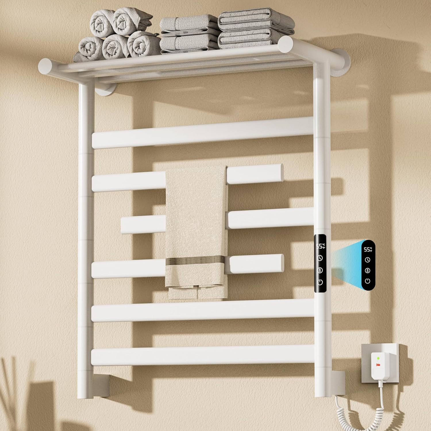 Scaldasalviette Elettrico Bagno Bianco, Portasciugamani Elettrico con Barre Girevoli 180°, 66x55cm 350W Scaldasalviette Elettrico con Ripiano, Temperatura Regolabile 30-70℃, Temporizzazione 0-9 ore