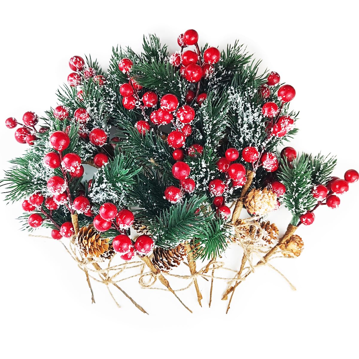 TIHOOD Künstliche Weihnachtsblumen-Plektren, 20,3 cm, rote künstliche Beeren-Plektren, Tannenzweige mit Tannenzapfen, Stechpalmenblätter für Vase, Blumenarrangement, Kranz, Winterferien, Dekoration,