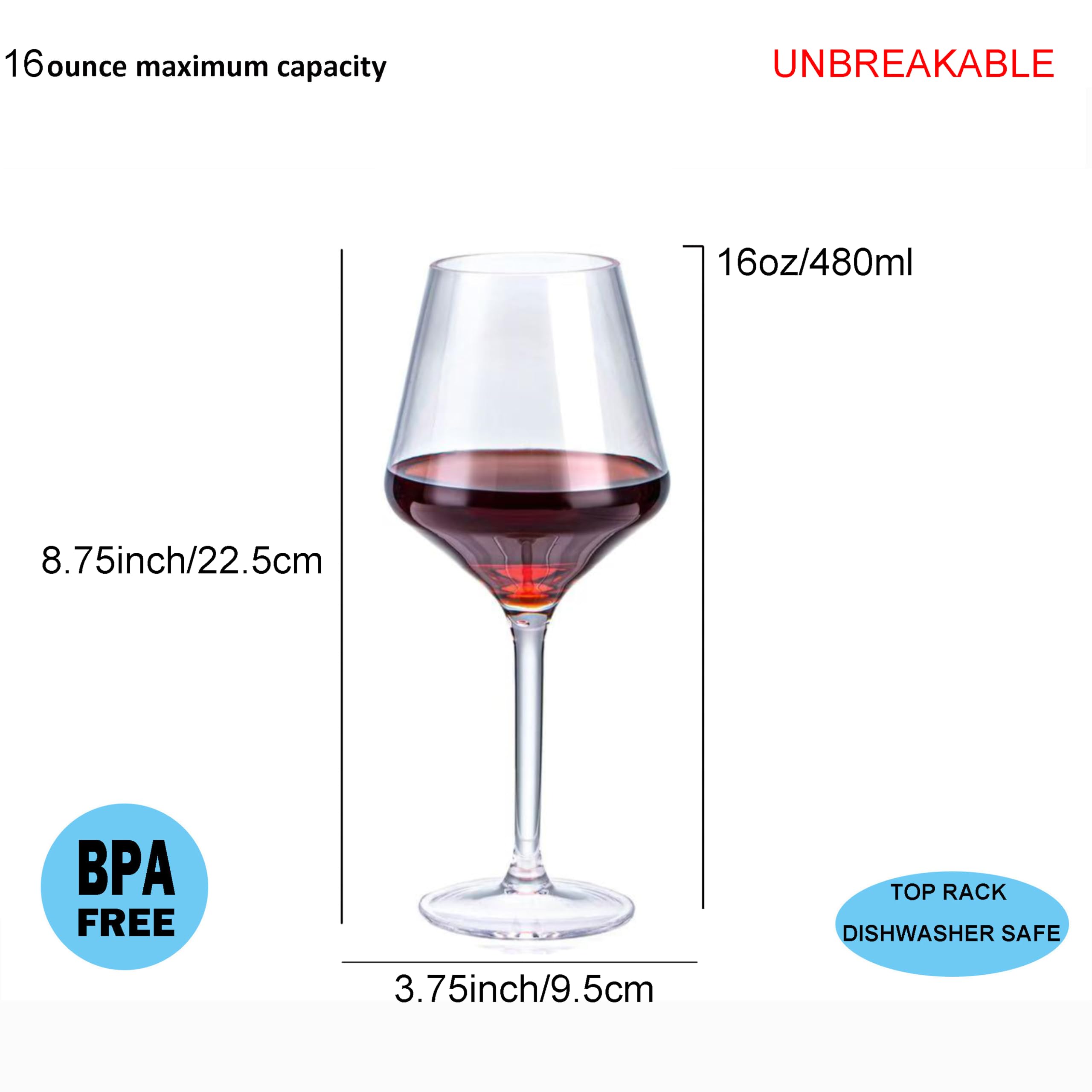 Copas de vino de plástico de 16 onzas, vasos acrílicos multiusos, juego de 6 unidades, transparentes, reutilizables, resistentes a los golpes, aptas para lavavajillas