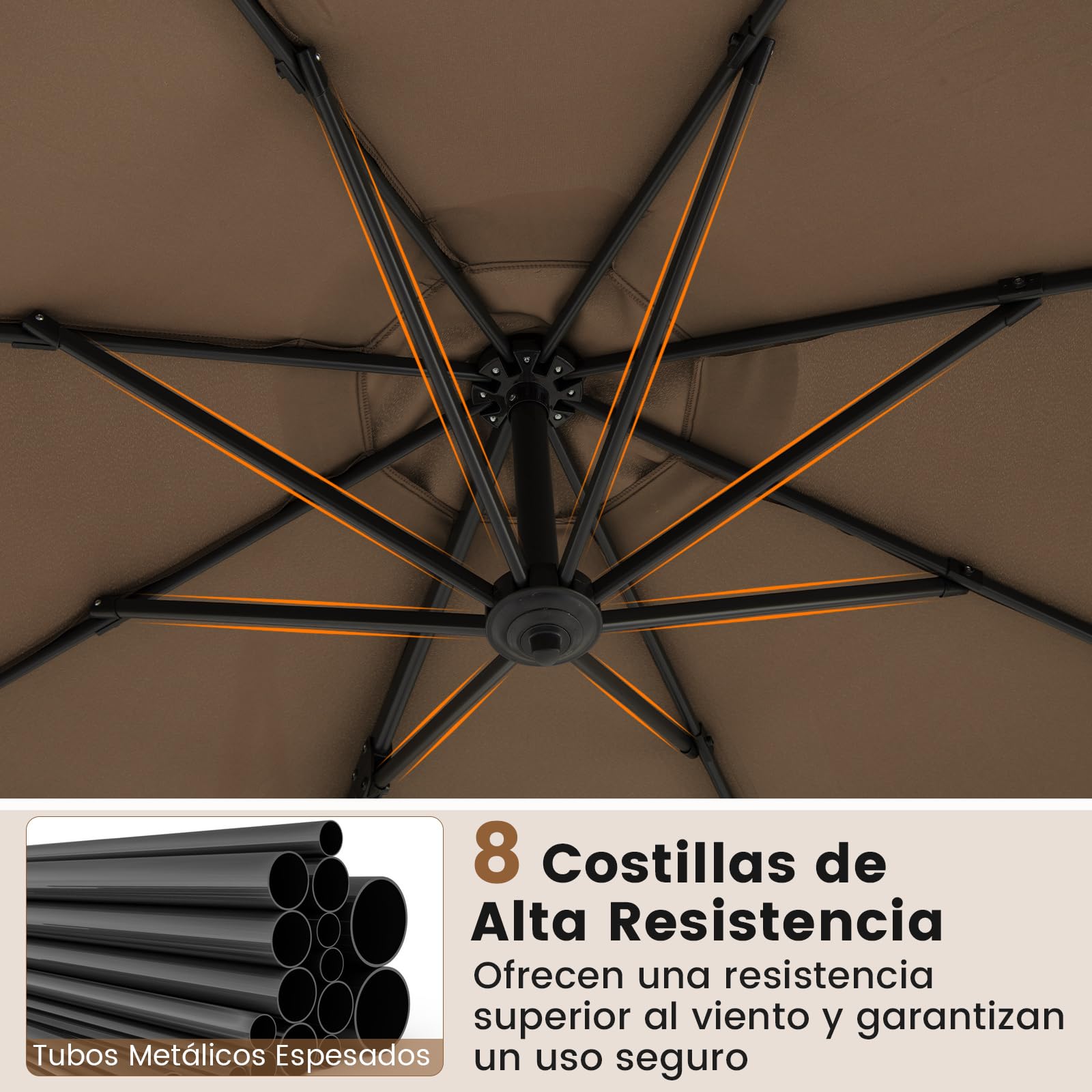 COSTWAY Sombrilla Terraza Exterior 3x3 m, Parasol Jardin Redondo con Rotación de 360°, Base Cruzada, 5 Inclinaciones Ajustables, 8 Varillas, Manivela, Sombrilla Excéntrica para Jardín Patio