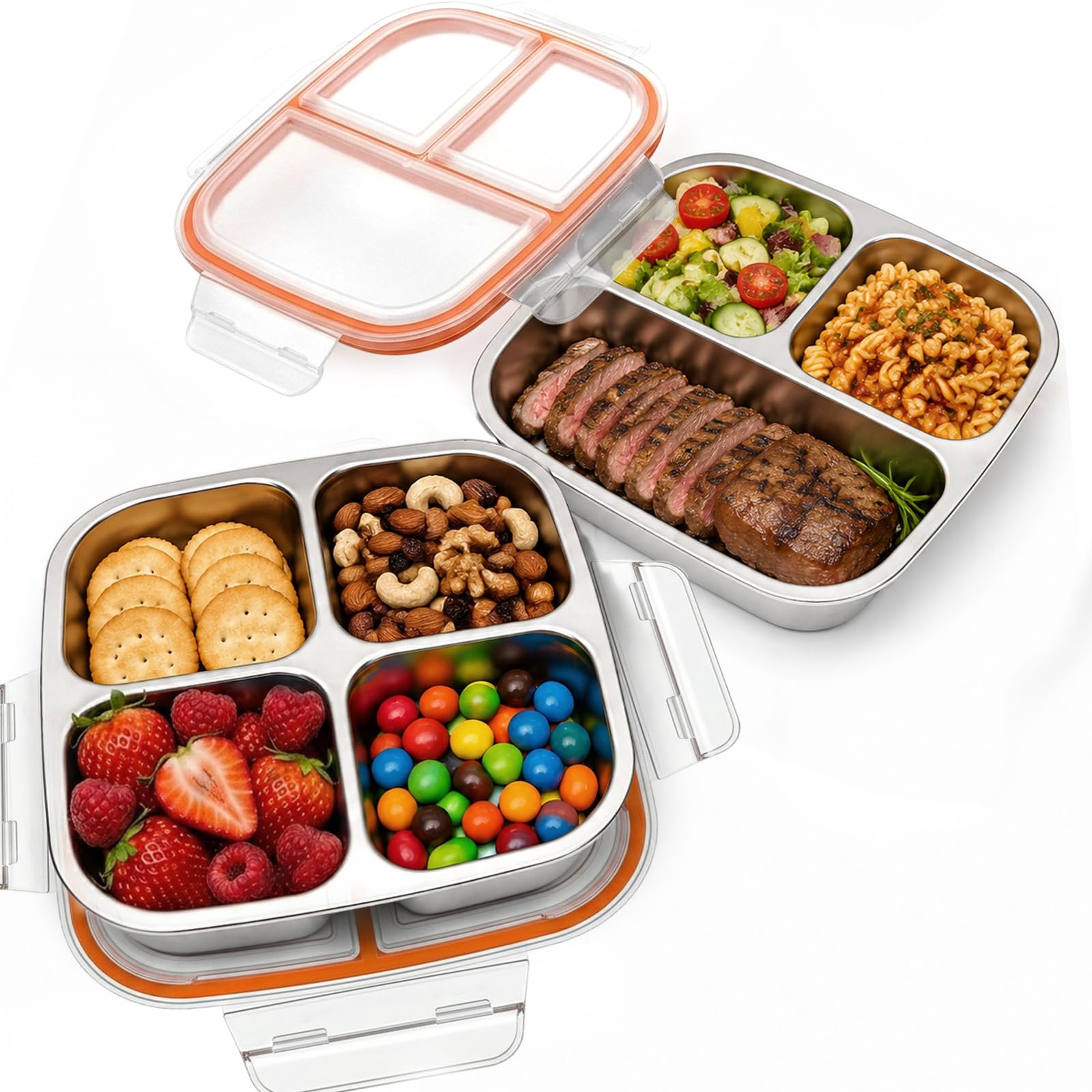 2 PCS 600ml Snackbox mit Fächern Edelstahl,Brotdose für Kinder &Erwachsene | Auslaufsicher lunchbox mit Deckel für Schule, Arbeit & Camping,Bento Box Kinder