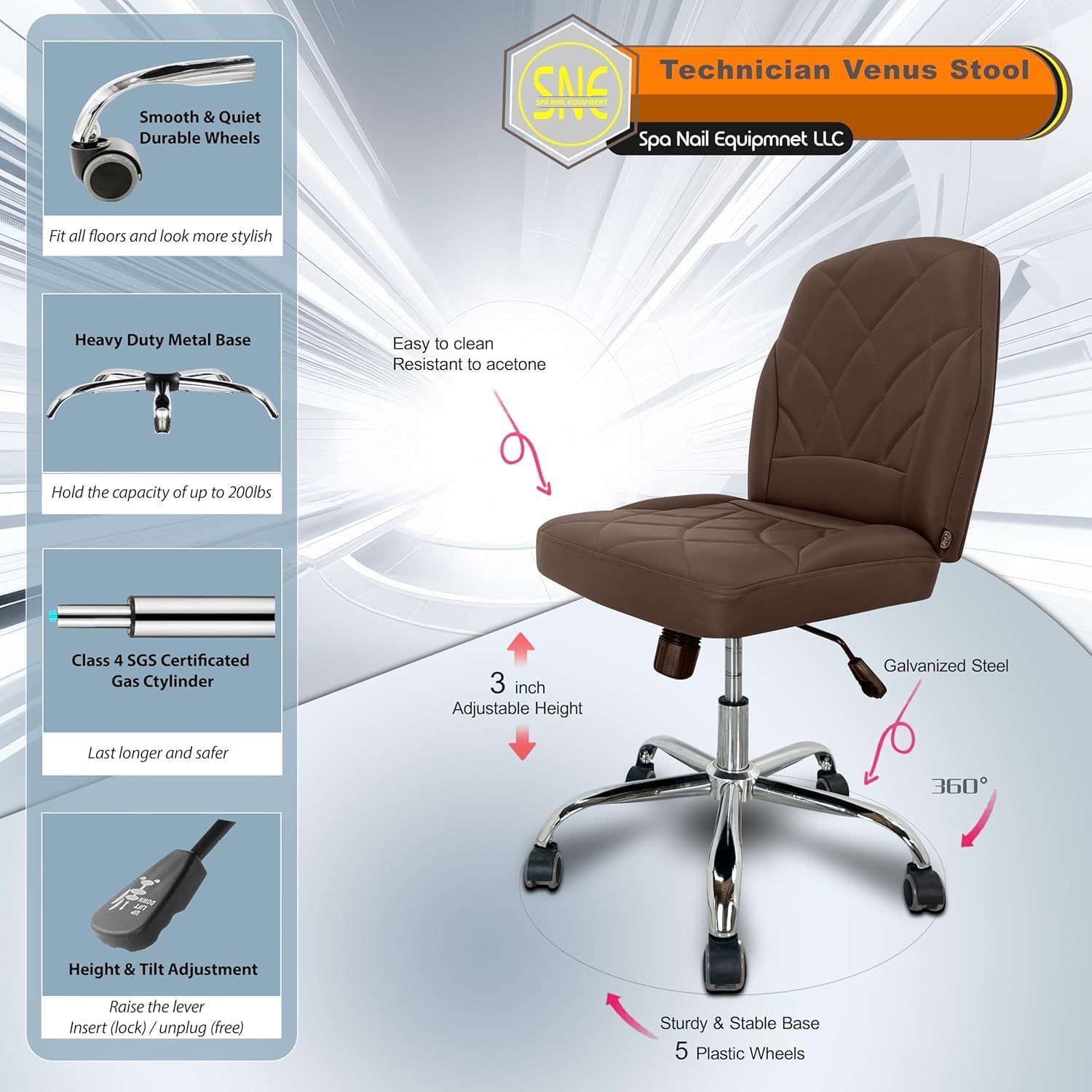 Manicure Chair PU Leather– Ergonomic Swivel Manicure Chair with Adjustable Height & Back Support for Nail Salon, Spa, or Home Office (Technician Chair, Chocolate)