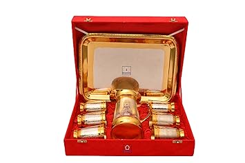 Brasscity Brass Etching Design Jug & Glass (Tumbler) Set Of 1 Jug 6 Glasses With Tray - 280 Ml