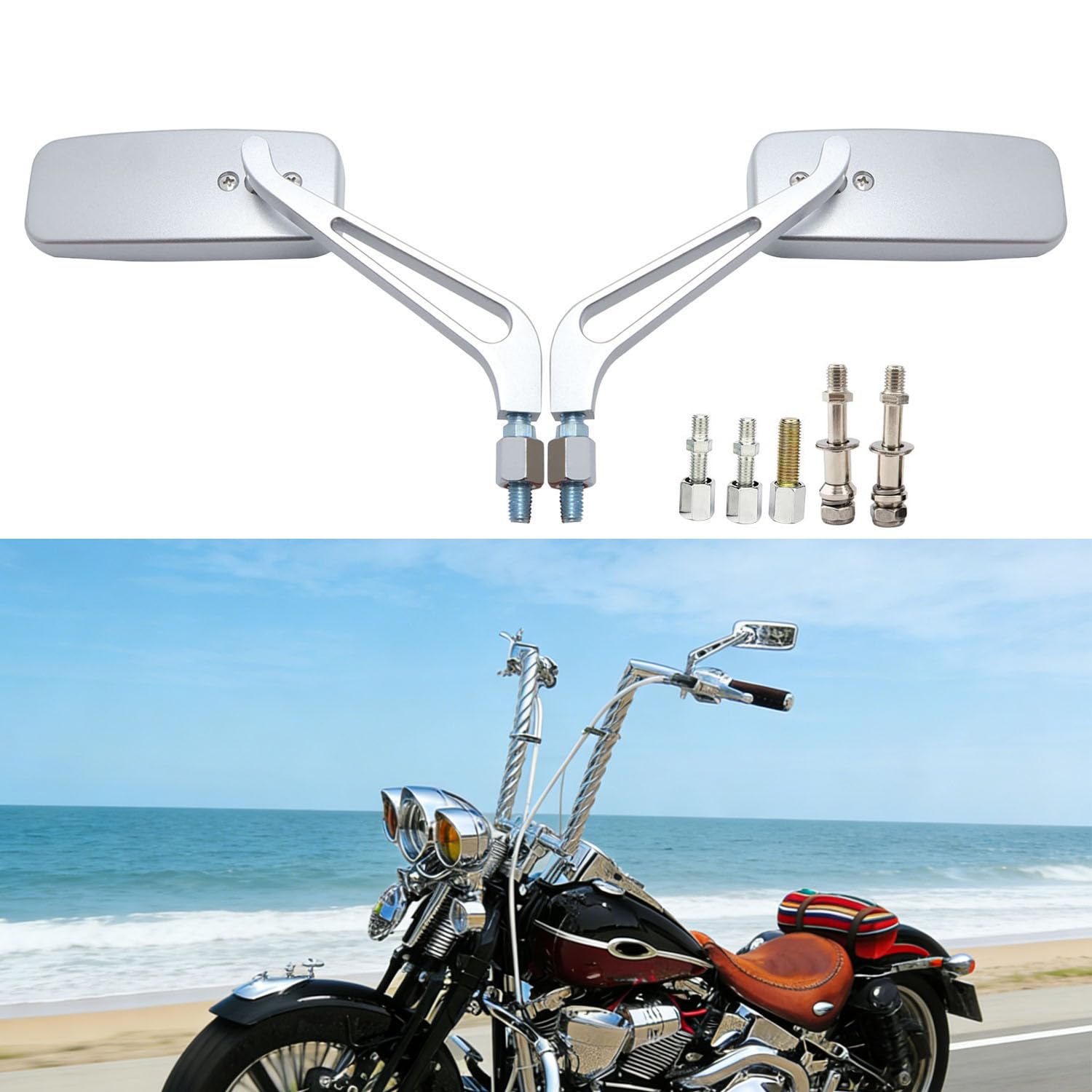 Specchietti Retrovisori Rettangolari Cromati 8mm 10mm con Lenti Blu, per Harley Davidson Softail Sportster, Honda, Bobber Cruiser Chopper Scooter Touring Sport Bike ATV
