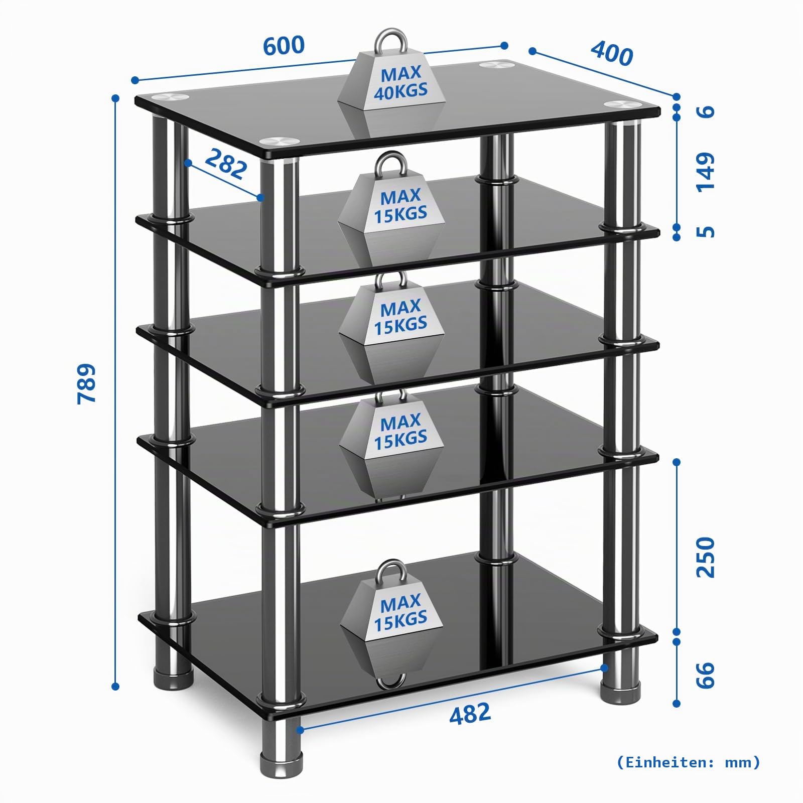 Rfiver HiFi Rack Glas 5 Ebenen HiFi Regal 600x400x800mm Phono Rack Plattenspieler Ständer TV Regal Möbel Edelstahl Gehärtetes Glas