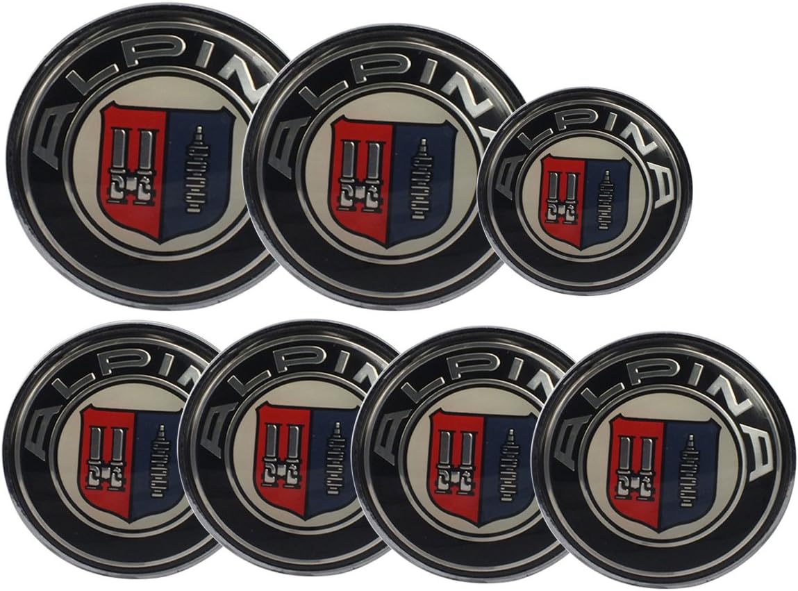 ALPINA Round Emblem Logo Badge Set 7pcs Set 82mm Hood / 74mm Trunk / 68mm Wheel Caps / 45mm Steering Emblem For BMW ALPINA Car Model