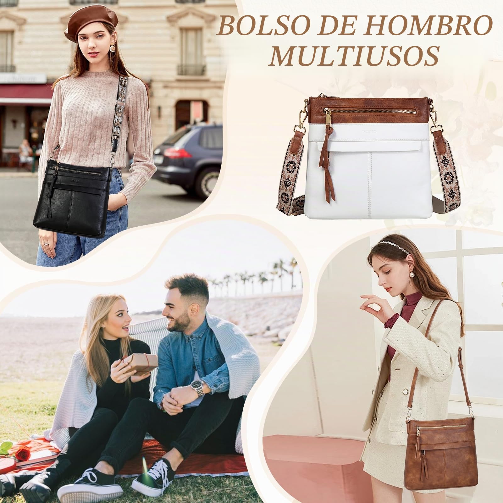 RAVUO Bolso Bandolera Mujer, Grande Bolso Cruzado de Cuero Pu Bolso Hombro Piel con 2 Correas Ajustable Crossbody Bag para Diario Viaje,Marrón