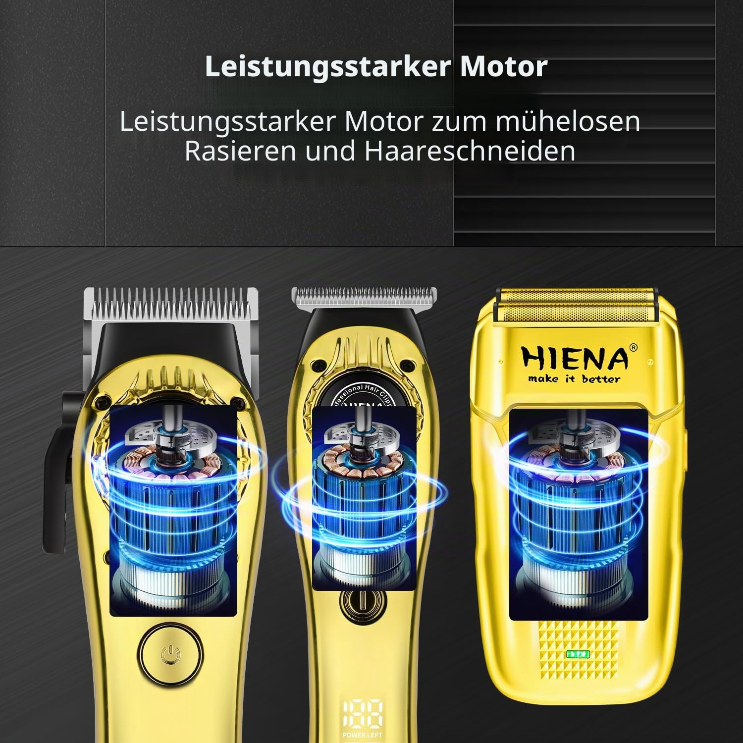 HIENA PRO Barber Set 3 in 1 für Männer, Haarschneidemaschine für Männer, Bartschneider und Rasierer mit LED-Anzeige - Kabellos, Zubehör und Tasche enthalten