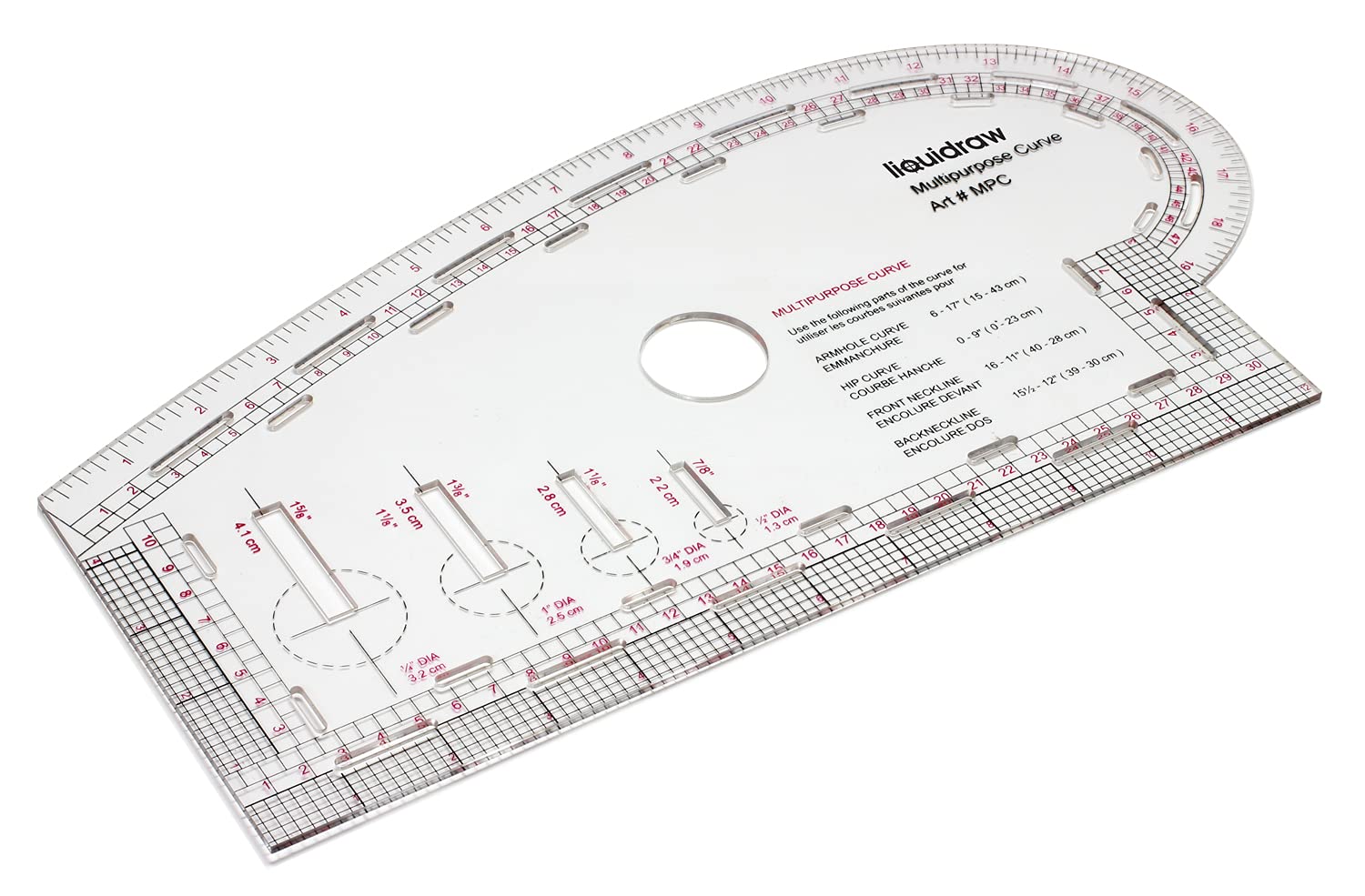 Liquidraw 4 in 1 Multipurpose Curve Ruler - Armhole, Hip, Front & Back Neckline | Clear Acrylic Pattern Making Tool | Contains Imperial & Metric Measurements | Ideal for Sewing & Fashion Design