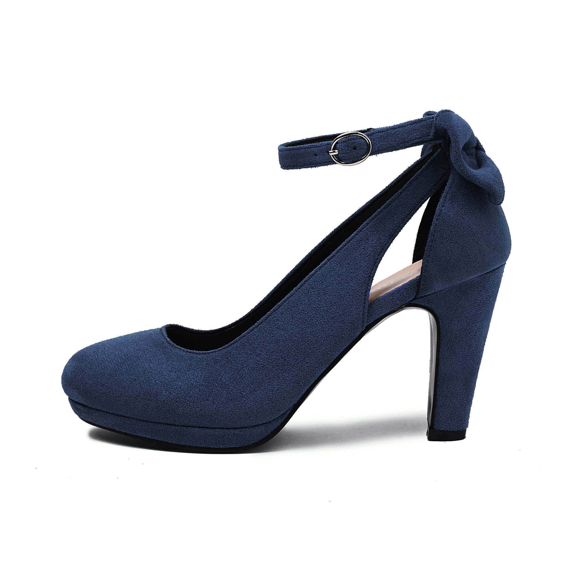 elerhythm Donne Mary Jane Tacchi con Arco Retro Chiuso Punta Rotonda Scamosciata Cinturino alla Caviglia Pumps Gatsby Vintage Scarpe (Blue EU37)