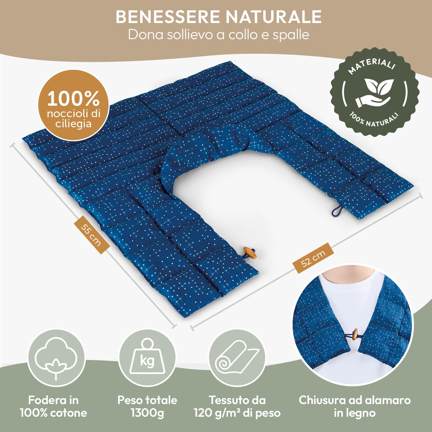 Blumtal cuscino con noccioli di ciliegia riscaldabile per cervicale - cuscino termico noccioli di ciliegio al 100% - scaldacollo da microonde fodera 100% cotone certificata OEKO-TEX - cuscino stampato