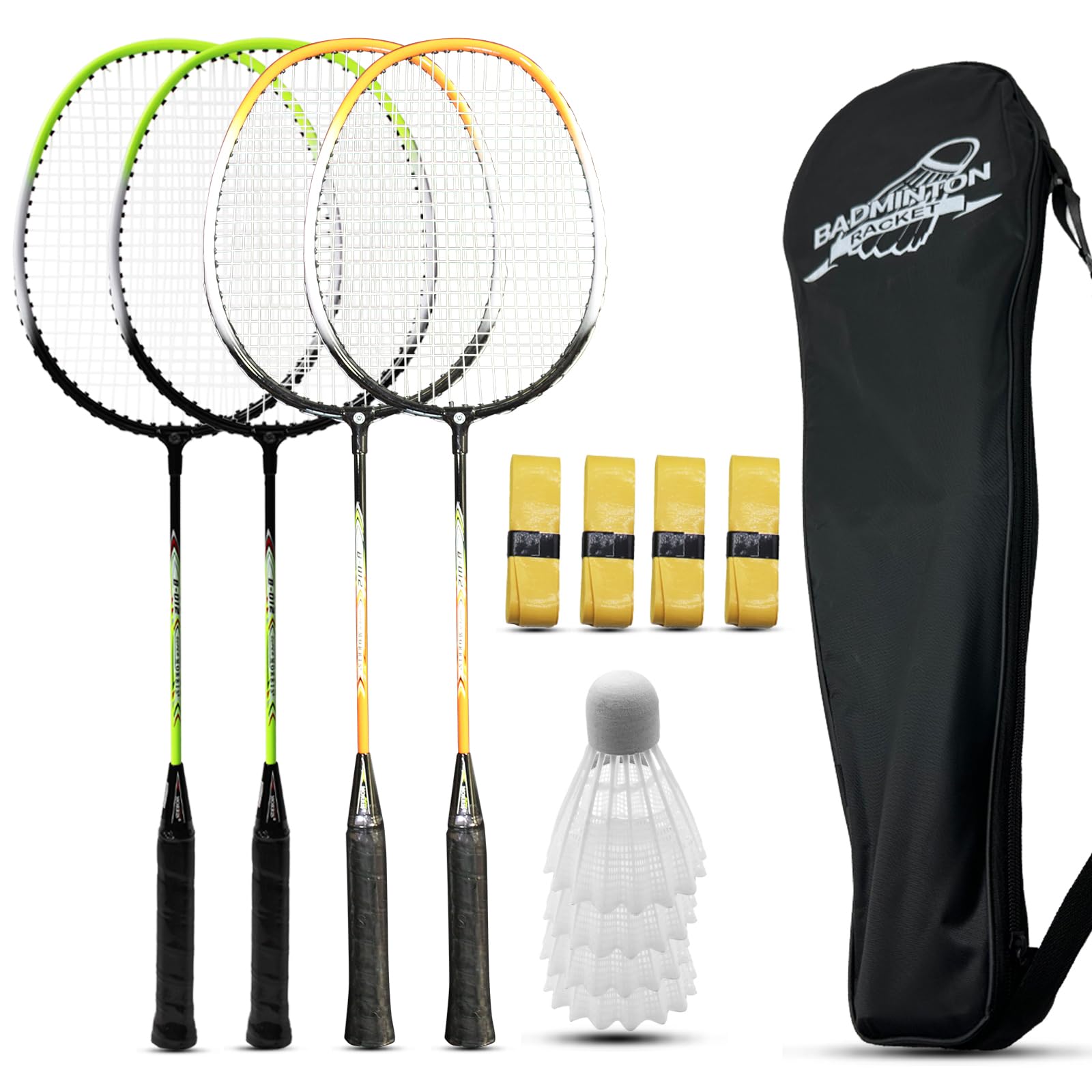 Magicorange Badminton Rackets Set of 4 for Outdoor Backyard Games, Including 4 Racquets,4 Shuttlecocks, 4 Replacement Grip Tapes & 1 Carry Bag