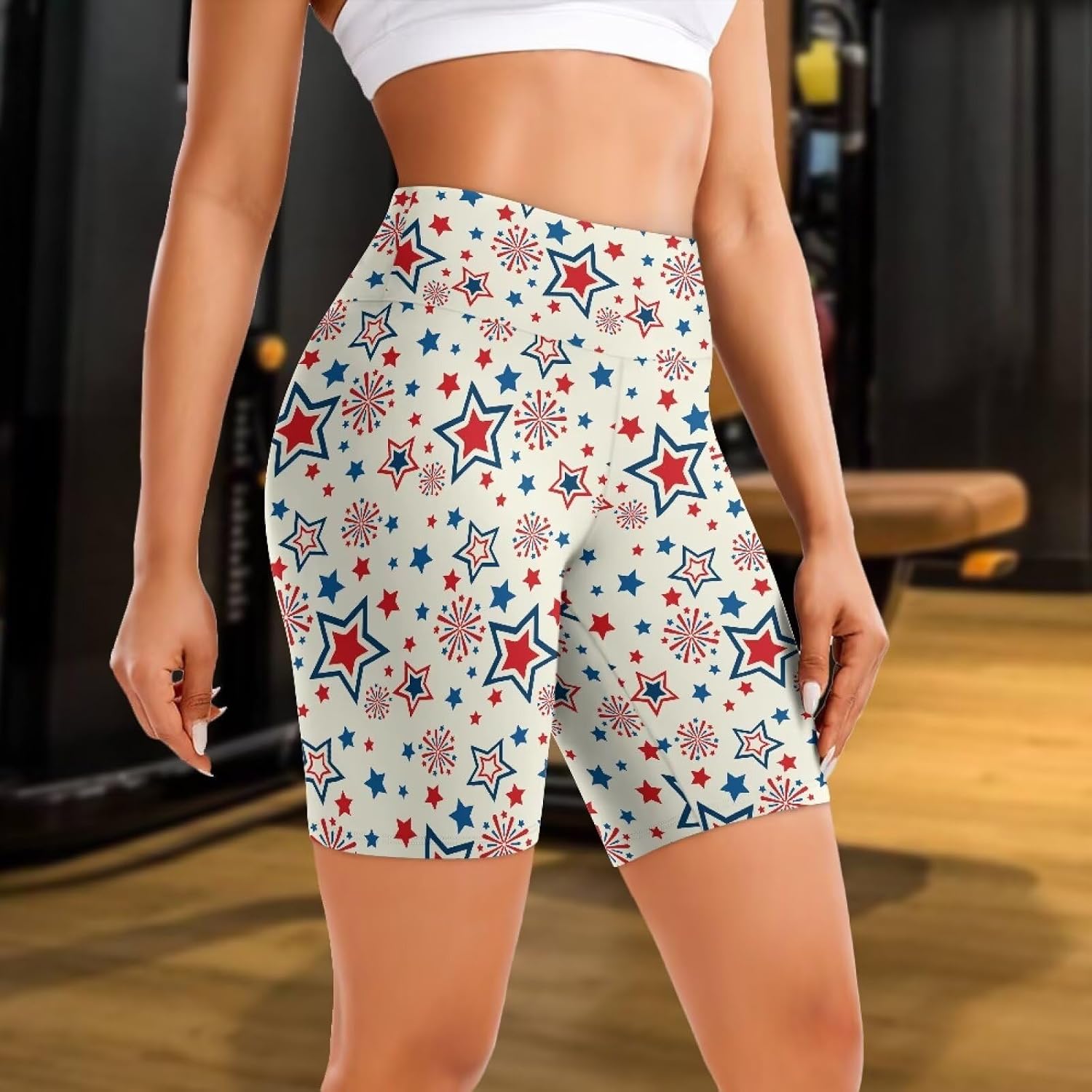 POLERO American Flag Shorts Women 4th of July Patriotic Biker Shorts Tummy Control Red White and Blue Yoga Pants