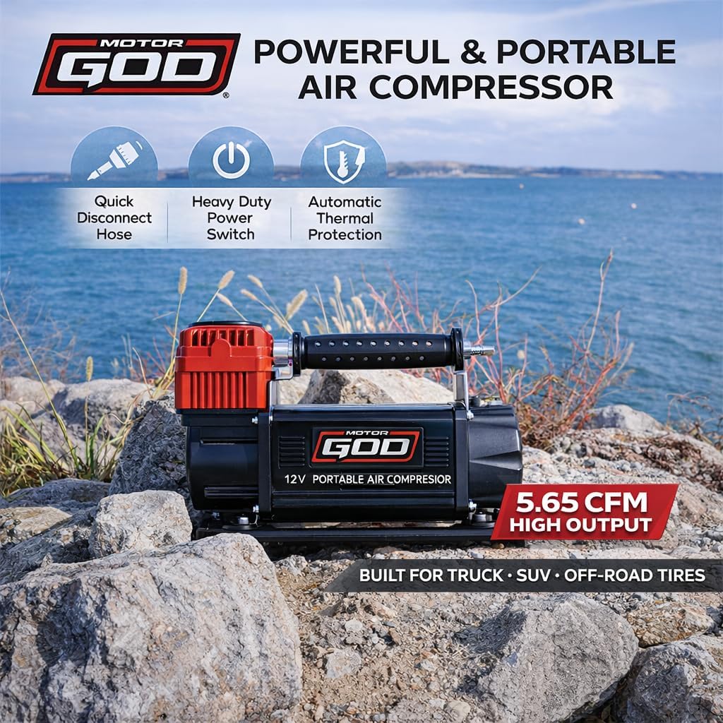 12V Portable Air Compressor – 5.65 CFM Heavy-Duty Tire Inflator for Truck, SUV & Off-Road Vehicles – 150 PSI Battery Clamp Air Pump with Gauge & Storage Bag