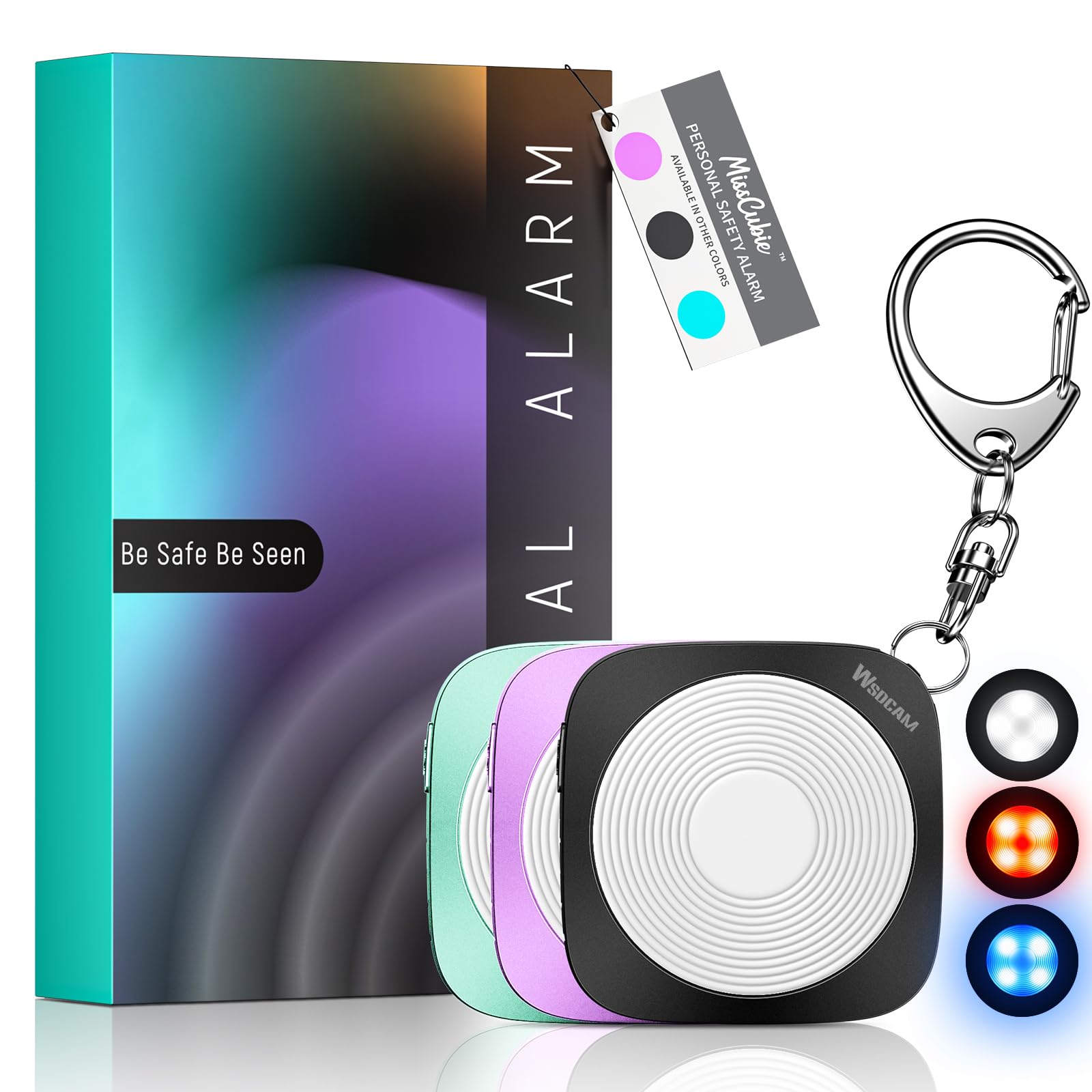 wsdcamPersonal Safety Alarm for Women, 130dB Loud Keychain Alarm with 3-Color LED Safety Light, Rechargeable Self Defense Keychain Personal Alarms for Women, MissCubie™GlowSafe Box (Black)