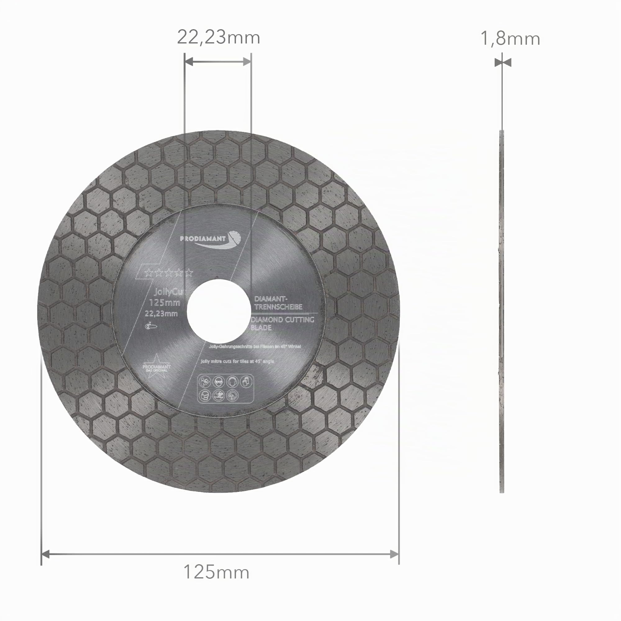 PRODIAMANT Jolly Diamanttrennscheibe 125mm für Fliese und Feinsteinzeug zum Fasen, 45 Grad Schneiden, Entgraten Schleifen und Trennen