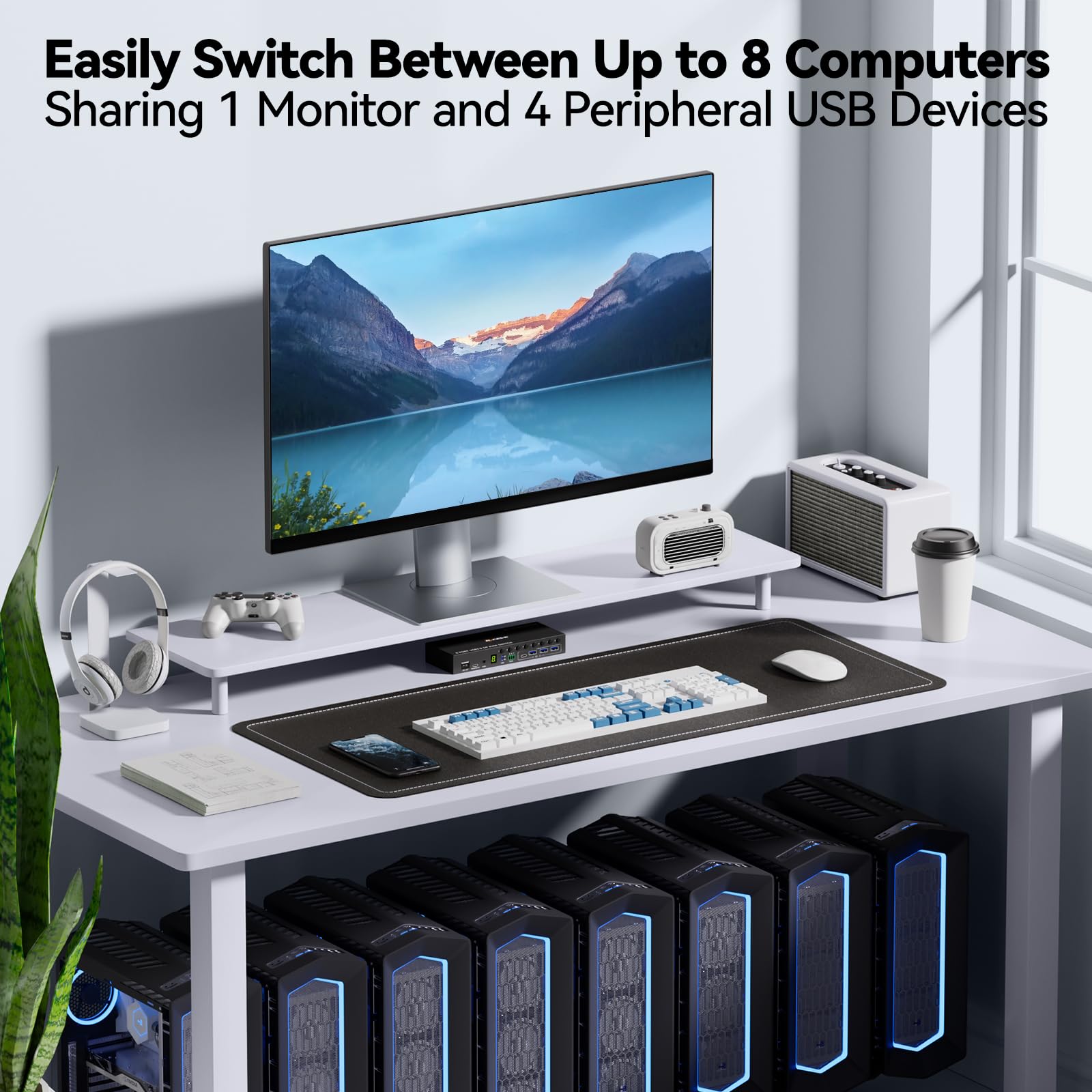 Switch KVM a 8 porte Displayport Simulazione EDID 4K@60Hz, switch KVM USB 3.0 DP per 8 computer Condividi 1 monitor e 4 dispositivi USB, switch KVM con telecomando cablato RS232 audio 12V