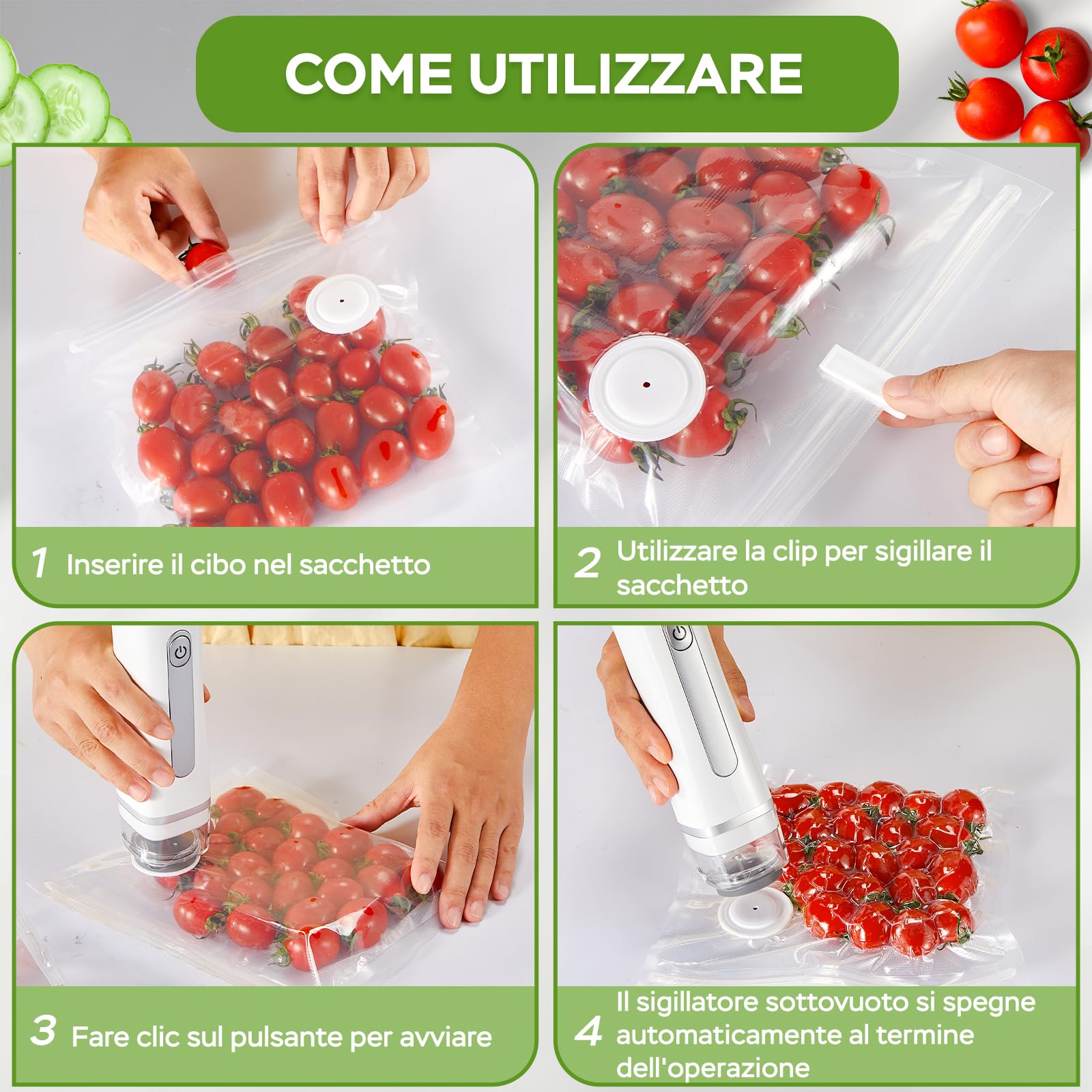 Macchina Sottovuoto per Alimenti, Sottovuoto Alimenti Portatile con 20 Sacchetti Sottovuoto Riutilizzabili, Macchina Sottovuoto per la Cottura Sottovuoto e la Conservazione Degli Alimenti