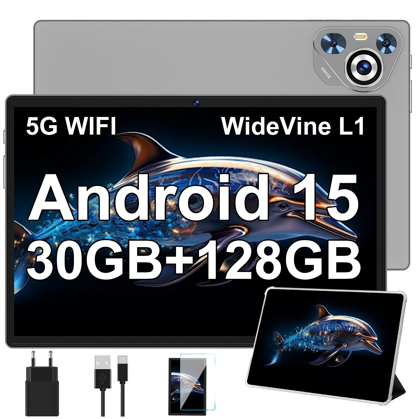 Tablet Android 15, 30GB RAM 128GB ROM,10 Pollici, 8000mAh/WiFi 6-Grigio | Schermo IPS HD, Estensione 1TB TF, Octo-Core e, Widevine L1-5+8 MP, Telaio in Metallo, Tablet touch con Custodia