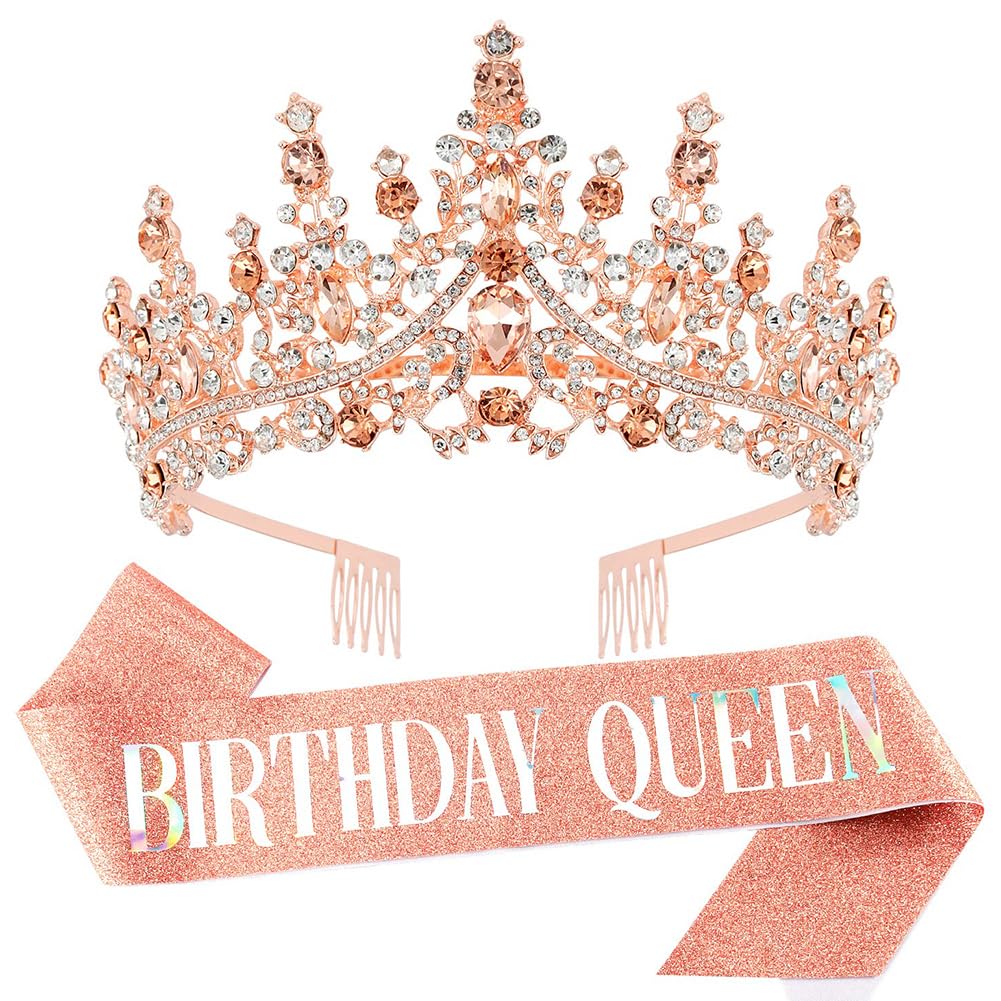 REYOK Cumpleaños Corona y faja Tiara Oro Rosa Corona de Cristal Birthday Queen Sash Corona cumpleaños para niñas y mujeres, diadema de imitación Tiara de cumpleaños Mujer Corona Diadema Tocado Accesorios