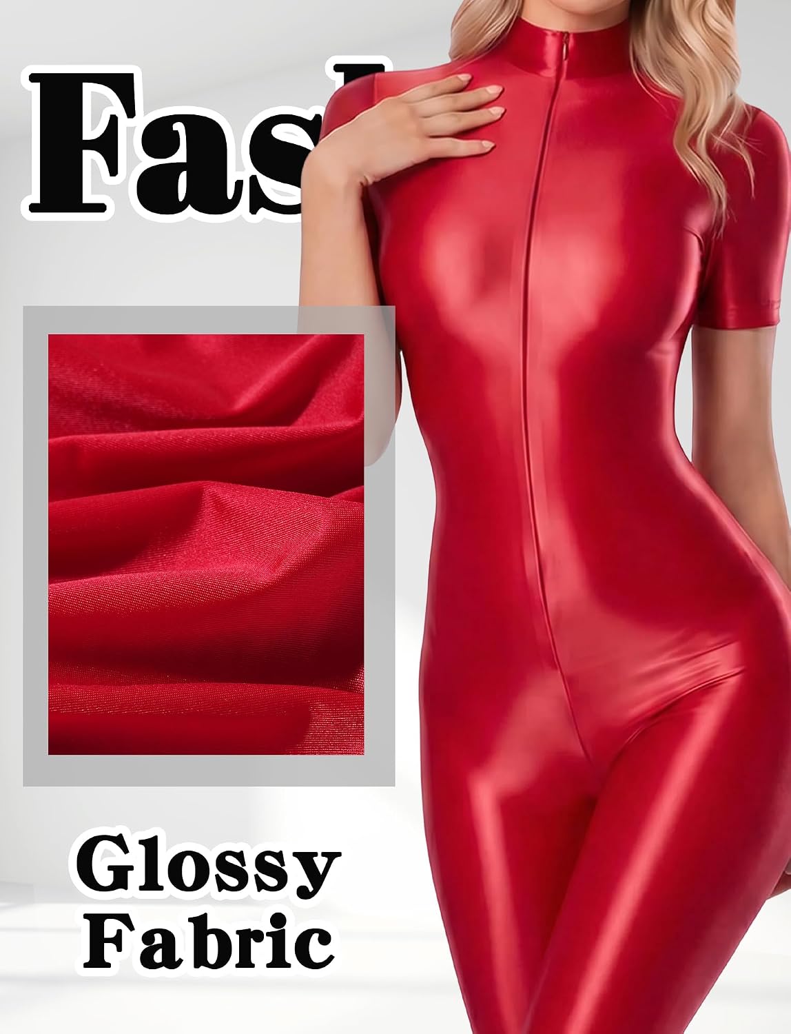 FEOYA Women's Oil Shiny Bodysuit See Through Glossy Sheer Short Sleeve Catsuit Zipper Jumpsuits