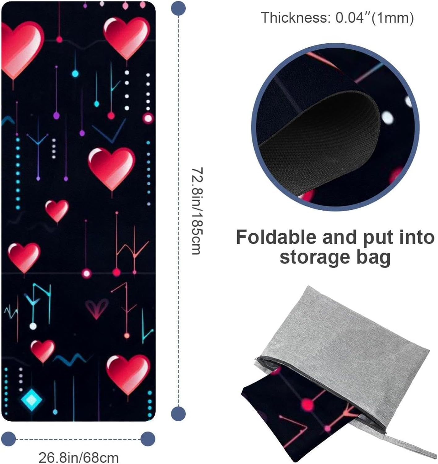 Yoga Towel, Love Heart Pattern Non Slip Sweat Absorbent Hot Yoga Mat Towel for Hot Yoga, Pilates and Fitness - 72.8" x 26.8"