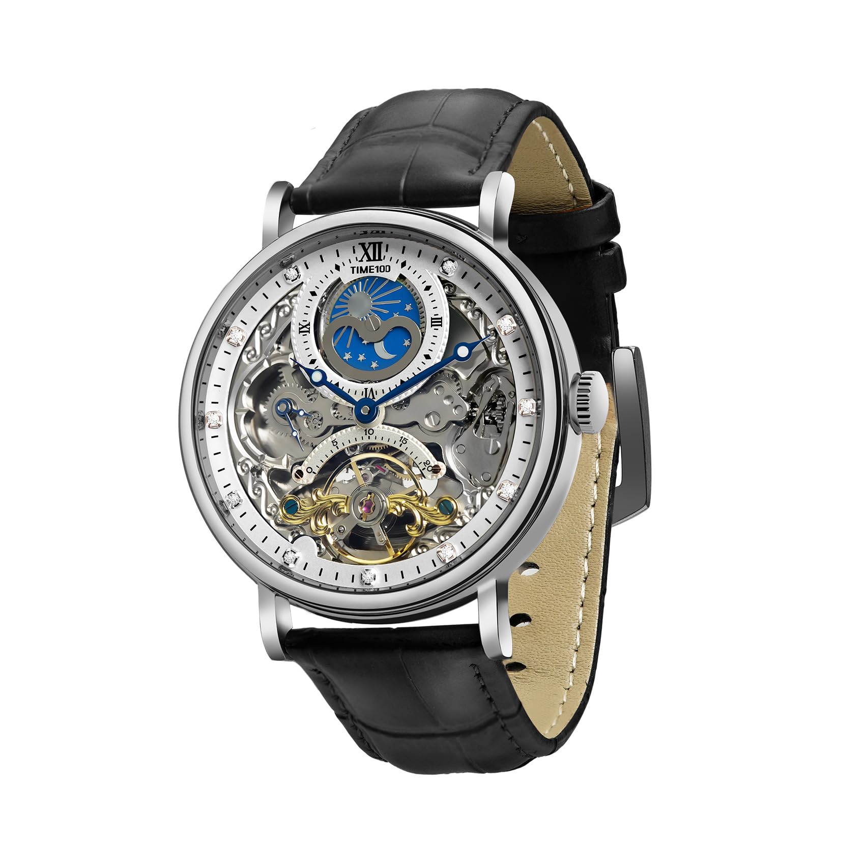 FORSINING Orologio da uomo di lusso con intaglio quadrato meccanico, Totem retrò a doppio lato, scheletro cavo a carica automatica, orologio da polso vintage con cinturino in pelle, Oro, Meccanico