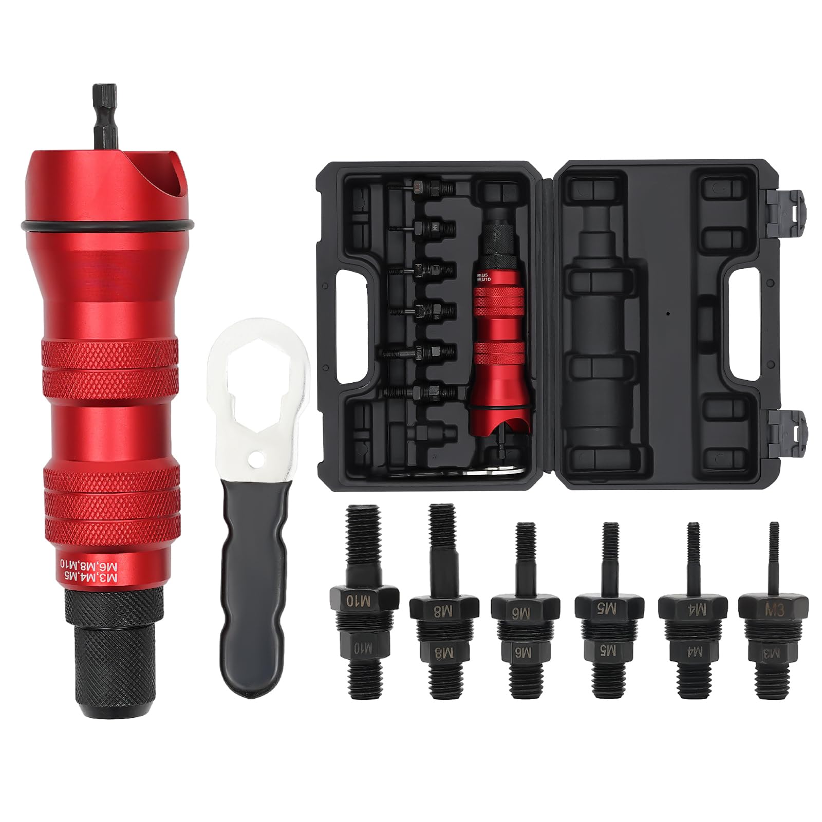 Inserto per dadi rivettati, adattatore per dadi rivettati, set di utensili con M3, M3, M4, M5, M6, M8, M10, 6 tipi di mandrini, rivettatrice rivettatrice per trapano