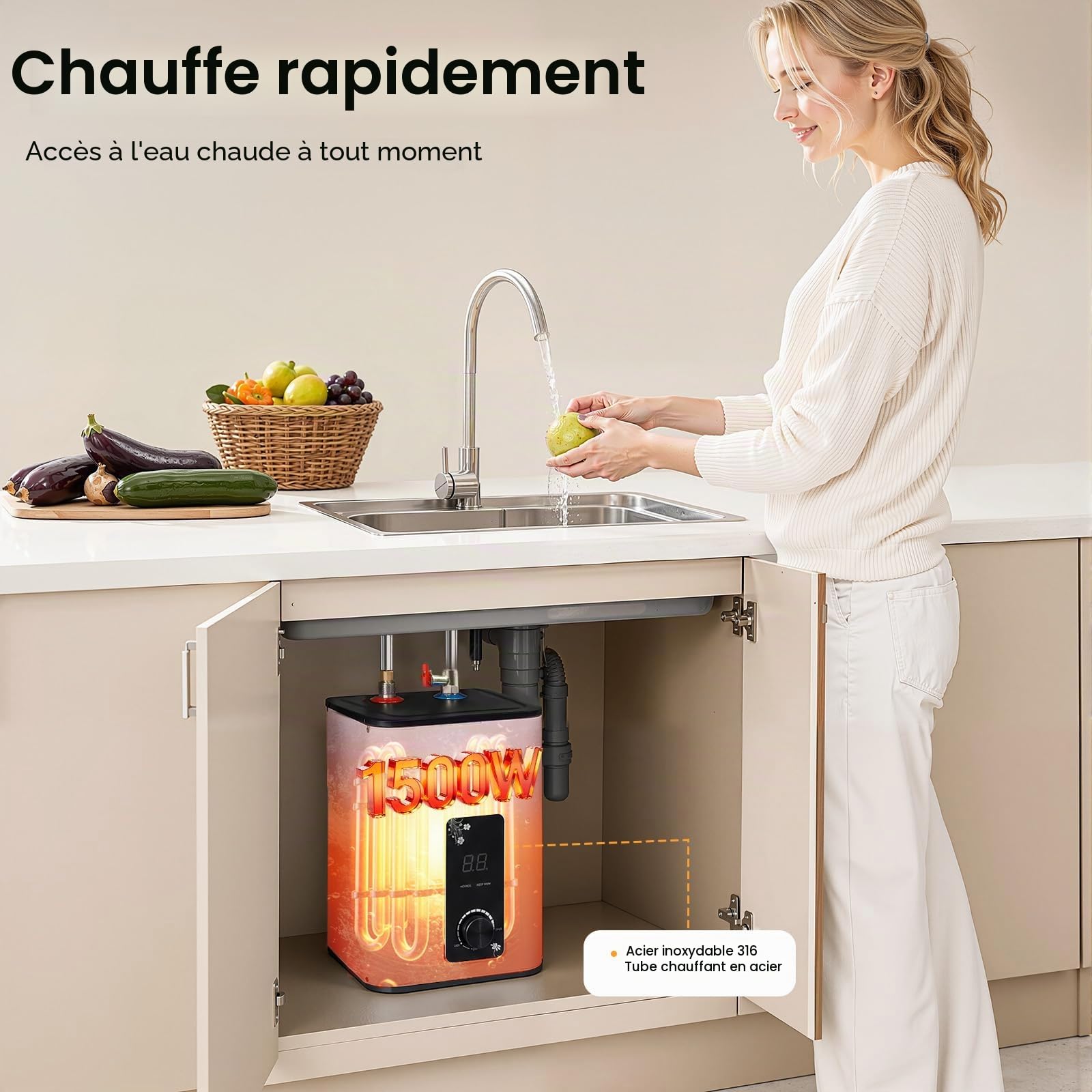 Réservoir d'eau chaude 8 l - 1500 W - Petit réservoir d'eau chaude résistant à la pression avec fonction thermostop - Chauffe-eau sous table - Température réglable de 0 à 65 °C - Pour cuisine et salle