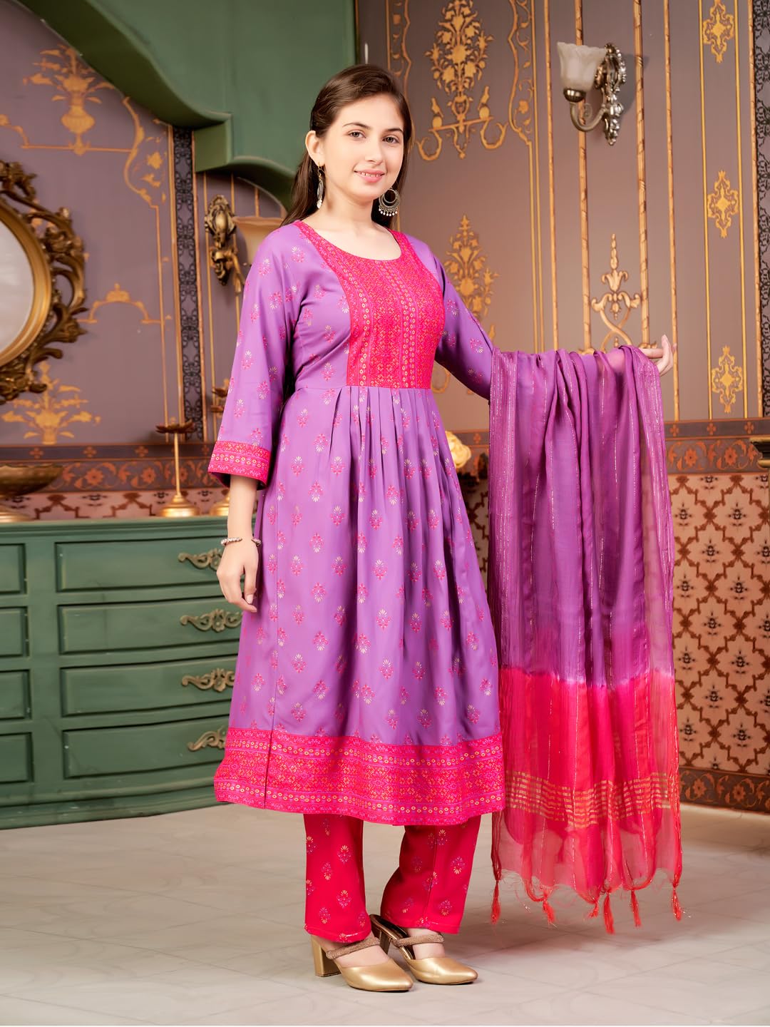 Aarika Girls Ethnic Wear Purple-Rani Colour Foil Print Rayon Kurti-8-15 Years (Kurti-Ap-802)